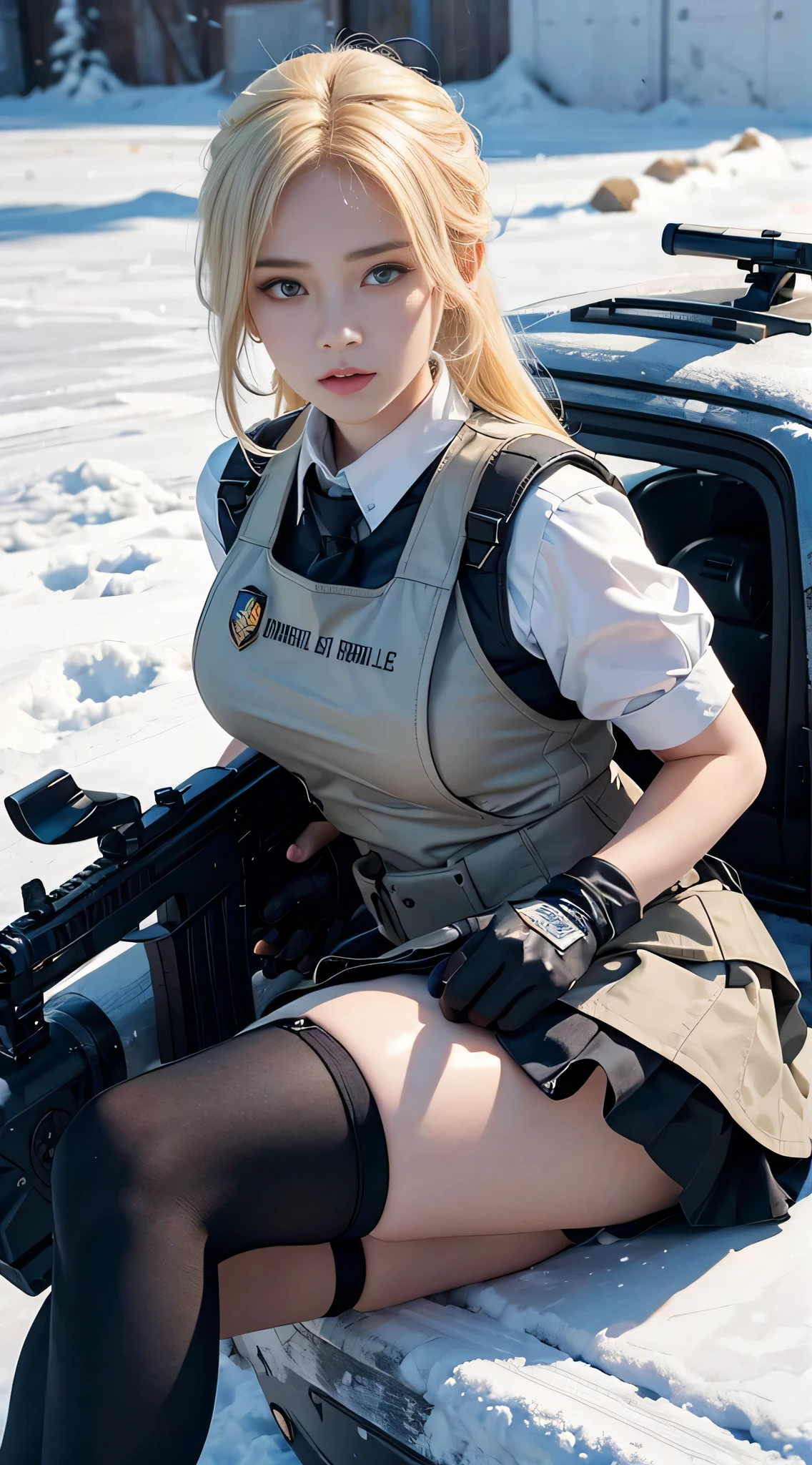 ((Best quality)), (Masterpiece), Photorealistic, Photorealism, A girl lies down and aims with an AK-47 assault rifle, Mini skirt, (upper legs), Photorealistic, high resolution,Snow background, looking to the camera, (Detailed face), coiffed blonde hair, SWAT vests, Gun, jewelry,Black gloves,, Fingers are occluded