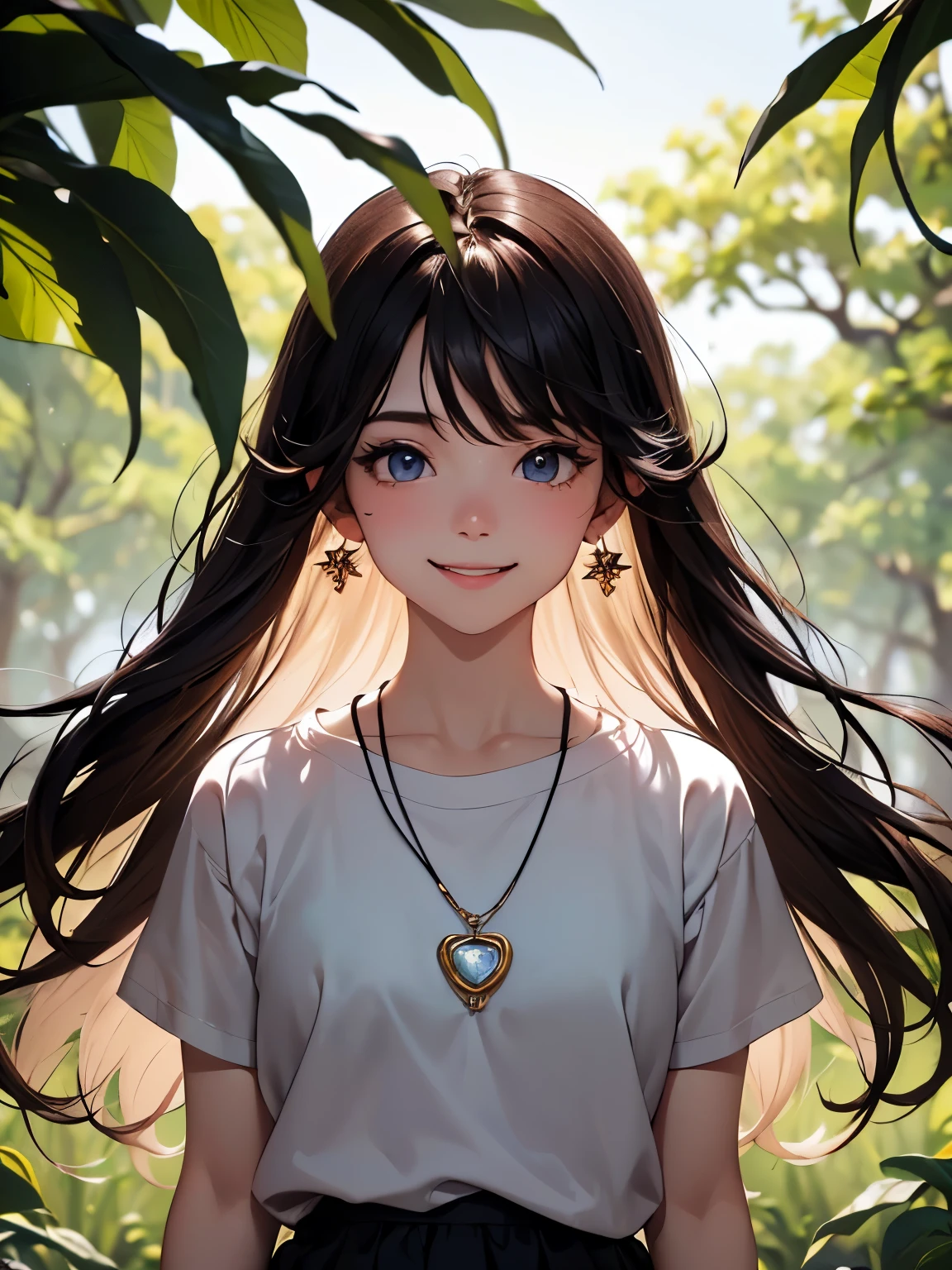 ((Biologically correct number of limbs))、((full body shot, Full body photo including face、head to toe photo))、standing position、[NSFW]、4K、masterpiece、((focus on the face))、((Symmetrical facial features))、Eyes of minute description、Beautiful woman、outstanding style、beautiful clavicle、beautiful legs、(small ass、thin thighs）、(high heels）、Detailed depiction of faces、small earrings、necklace、Close-up photo of the upper body、(Upper body T-shirt、lower body skirt）、Holiday morning park scenery、wood々hide and seek inside、A happy smile、I&#39;m feeling good、sweating