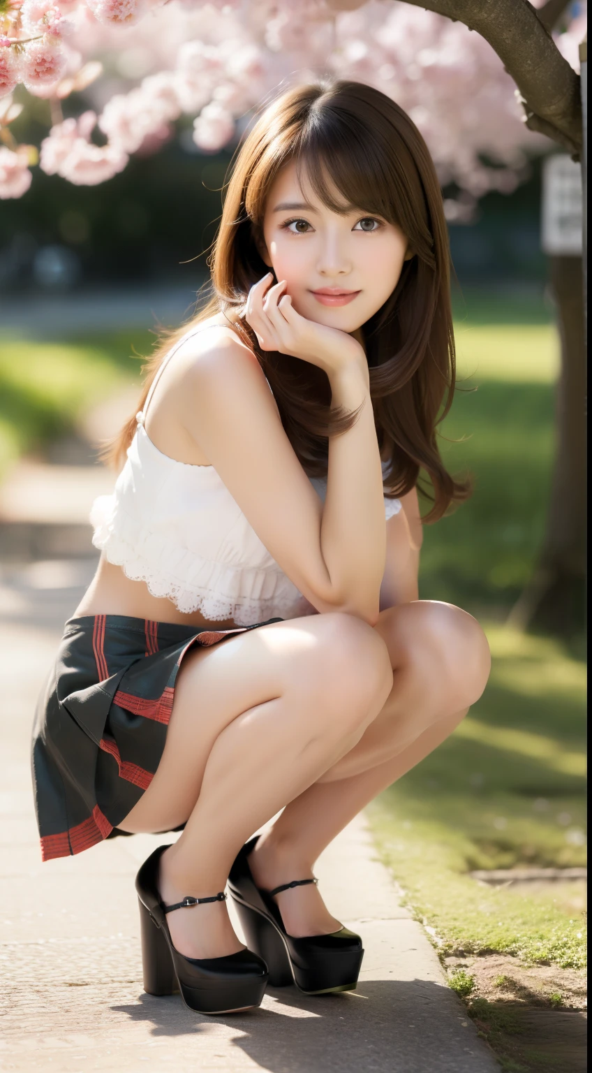 ulzzang-6500-v1.1,(Masterpiece, BestQuality:1.3), highest quality, shape, Super detailed, finely, High resolution, 8k wallpaper, 完璧なダイナミックな構shape, natural color lip, sexy,smile,20 year old girl、 (Super beautiful,squatting down:1.5), (mini skirt, fullbody、thin leg、high heel:1.4)、beautiful and detailed face、perfect and beautiful face,RAW photo、beautiful and detailed eyes、small face、slim face and style,Wear a dress that shows your chest、bright look、blur background,best style,anatomically correct body,gorgeous atmosphere,real photos,larger breasts,under the cherry tree