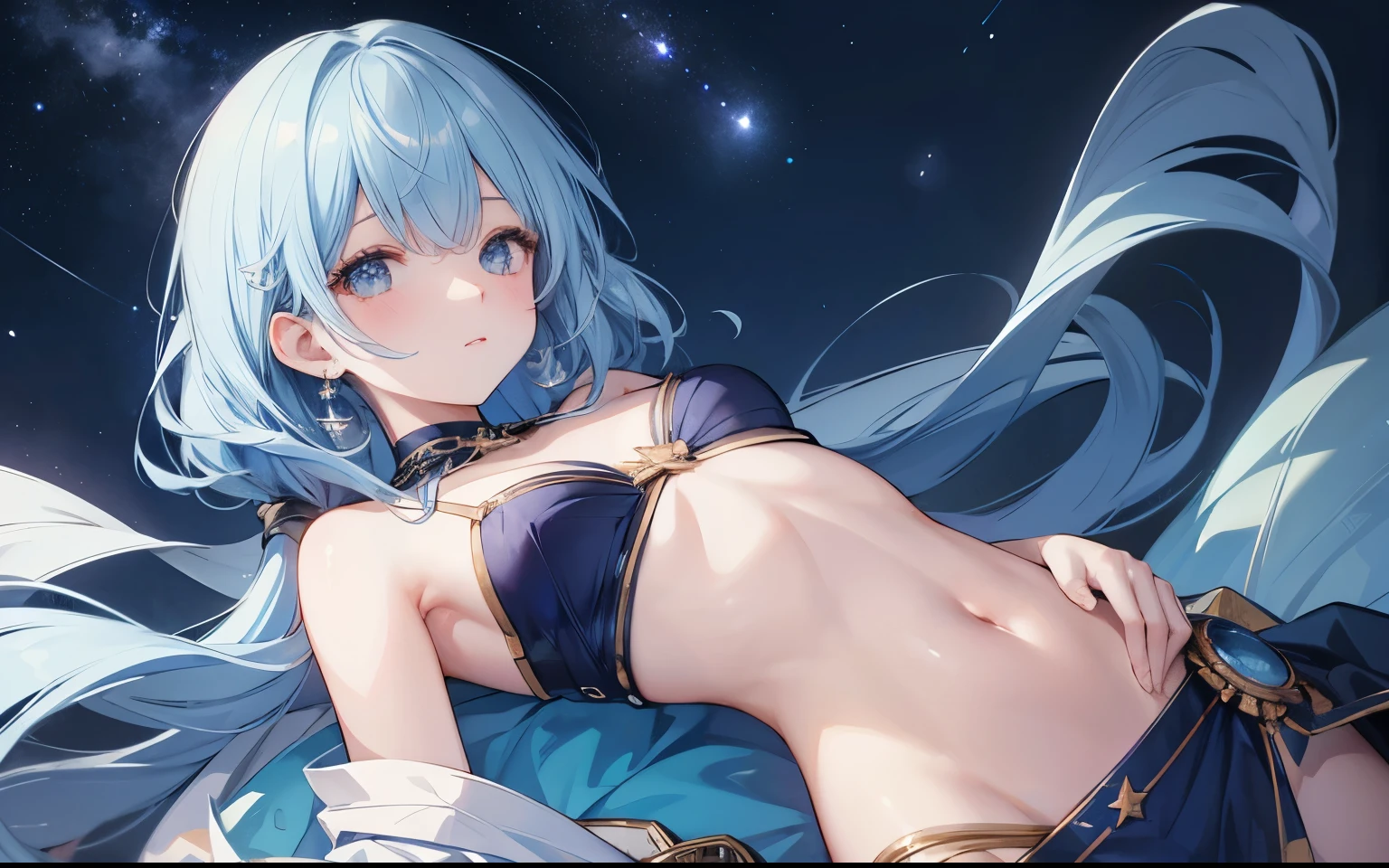 blue hair、night view、starry sky、Upper body、Navel exposed、accessories