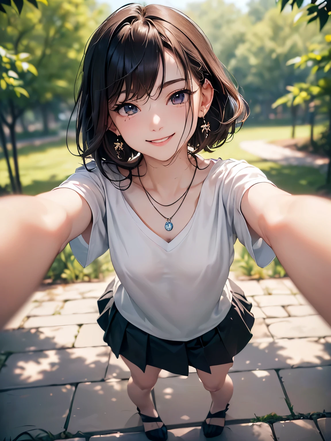 ((Biologically correct number of limbs))、((full body shot, Full body photo including face、head to toe photo))、standing position、[NSFW]、4K、masterpiece、((focus on the face))、((Symmetrical facial features))、Eyes of minute description、Beautiful woman、outstanding style、beautiful clavicle、beautiful legs、(small ass、thin thighs）、(high heels）、Detailed depiction of faces、small earrings、necklace、Close-up photo of the upper body、(Upper body T-shirt、lower body skirt）、Holiday morning park scenery、wood々hide and seek inside、A happy smile、I&#39;m feeling good、sweating