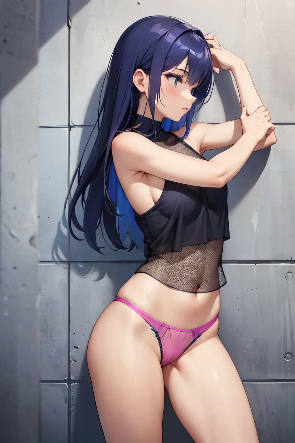8K, Ultra HD, 24 year old woman, blue mesh top, sleeveless, strapless and braless blouse, , pink spandex panties with 10 cm open crotch, the image of the woman goes from head to thigh, in profile , leaning against the wall, body slightly erect, hands in hair, vagina mark