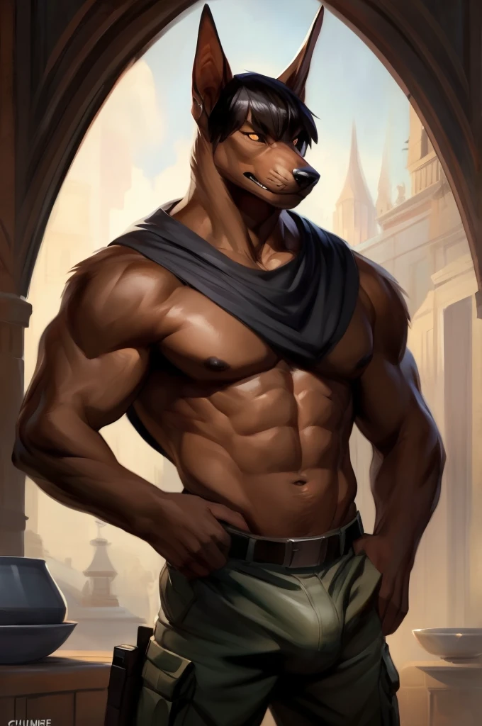 Solo, Male, Bare upper body, cargo pants, Bulge, canine, Doberman, Black eyes, Glowing eyes, Bowl cut, Muscular, by Bebebebebe, by Spikes, By Darkgem, by Mystic Fox 61, by Chunie, standing