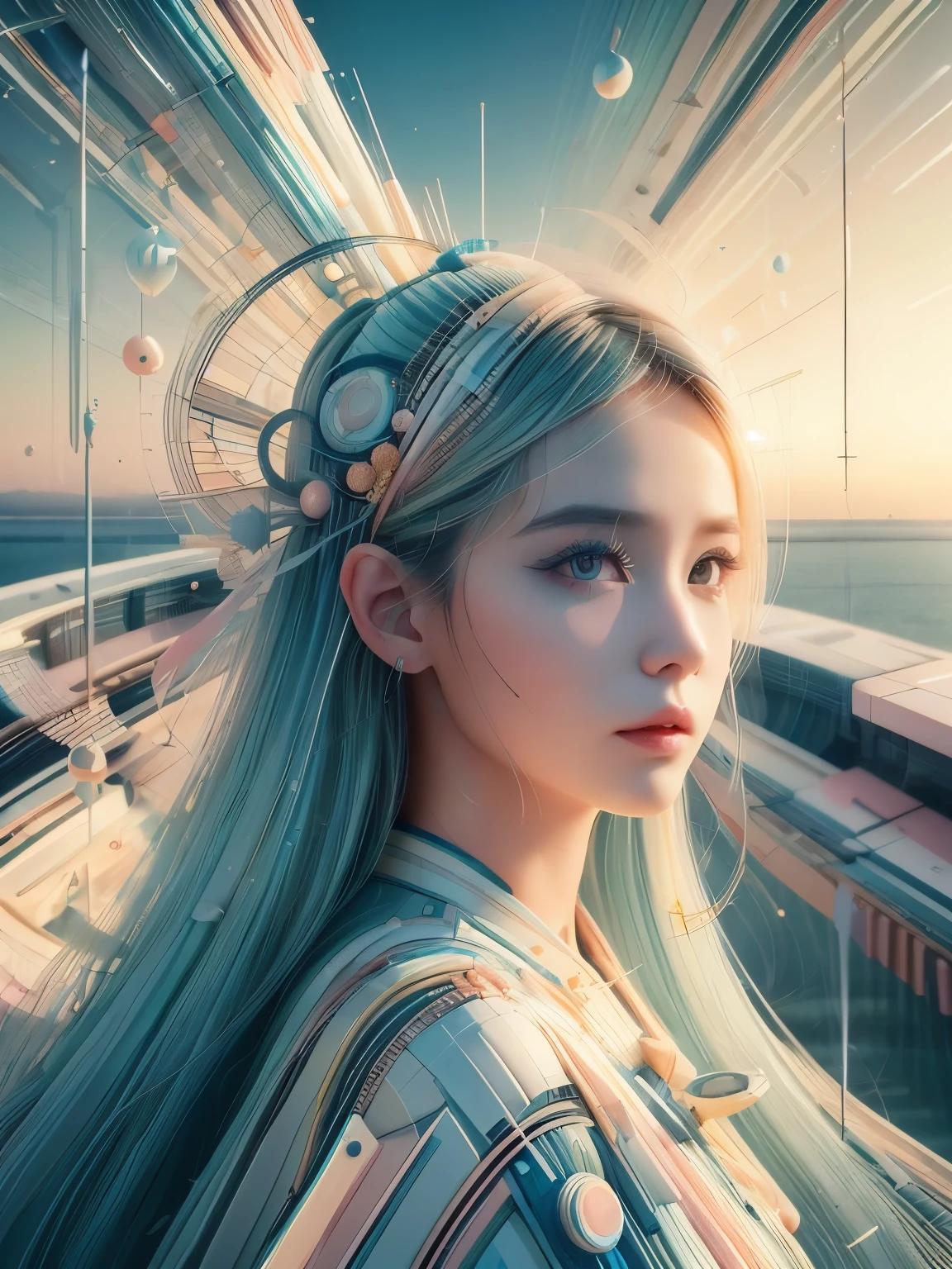 (high quality), (masterpiece), (detailed), 8K, Hyper-realistic portrayal of a futuristic (1girl1.2), Japanese character in an abstract composition with pastel tones. Meticulous details capture the ethereal beauty of the scene, evoking a sense of tranquility in this visually stunning composition. Trending on Artstation.