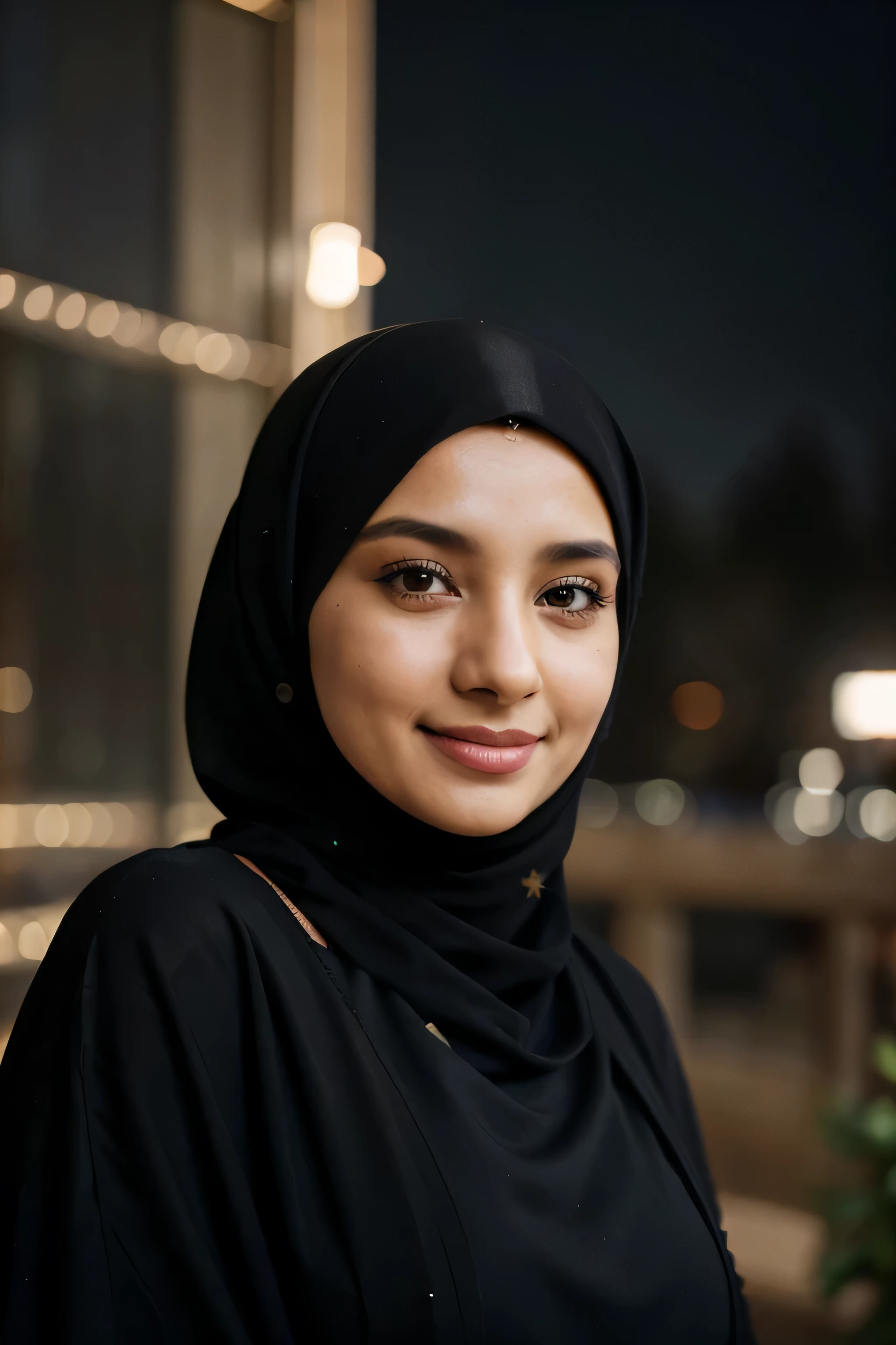 Photo of a hyperdetailed potrait, smile, sharp nose, Beautiful turkey muslim with hijab natural turkey Woman, pashmina black hijab and black dress [jungle|field], Stars in the sky, soft focus, dmt, film grain, Sony Gmaster Lense, F/2.8 bokeh