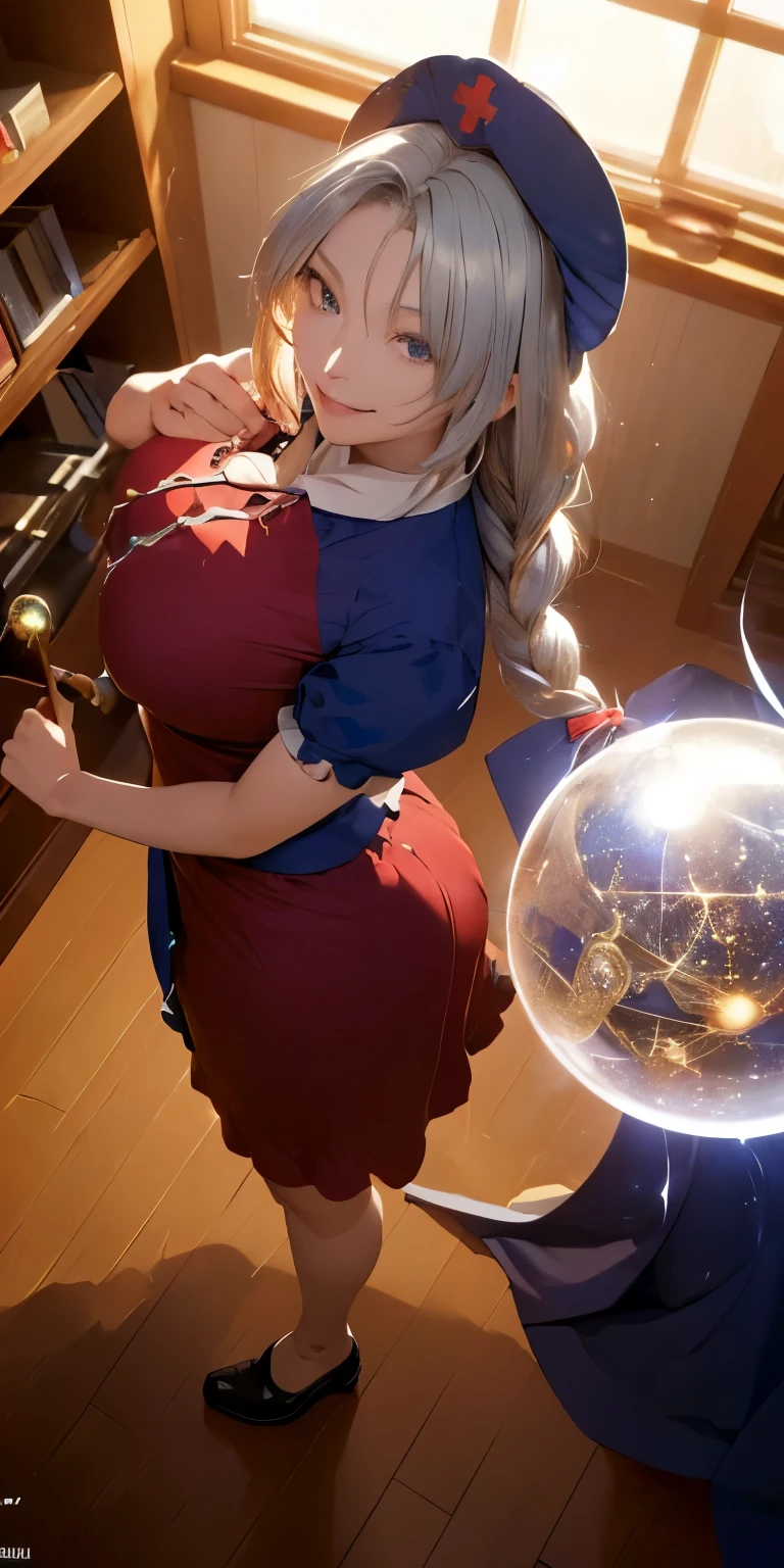 (masterpiece, best quality:1.3), (from above:1.3), Yagokoro Eirin, Touhou Series, perfect face, expressive eyes, 1woman, looking at viewer, 38 years old, gorgeous body, big breast, beautiful, anime, lora,1woman, silver hair, braid hair, nurse cap, red and blue clothes, long skirt, (evil smile:1.5), (cinematic lighting, realistic, dream-like, enchanting atmosphere:1.5), (photo of a woman in her dark and mysterious environment:1.3), (the woman surrounded by an aura of mystery and intrigue:1.3), (in the middle of a massive modern library in the style of Tianjin Library:1.3), (candles flickering, casting dancing shadows around the room:1.3), (the dim lighting adding to the ambiance of secrecy and mysticism:1.3), (a crystal ball nearby, adding to the mystical setting:1.3), (symbols of astrology and esoteric knowledge decorating the room:1.3), (a hint of incense in the air, adding to the sensory experience:1.3),