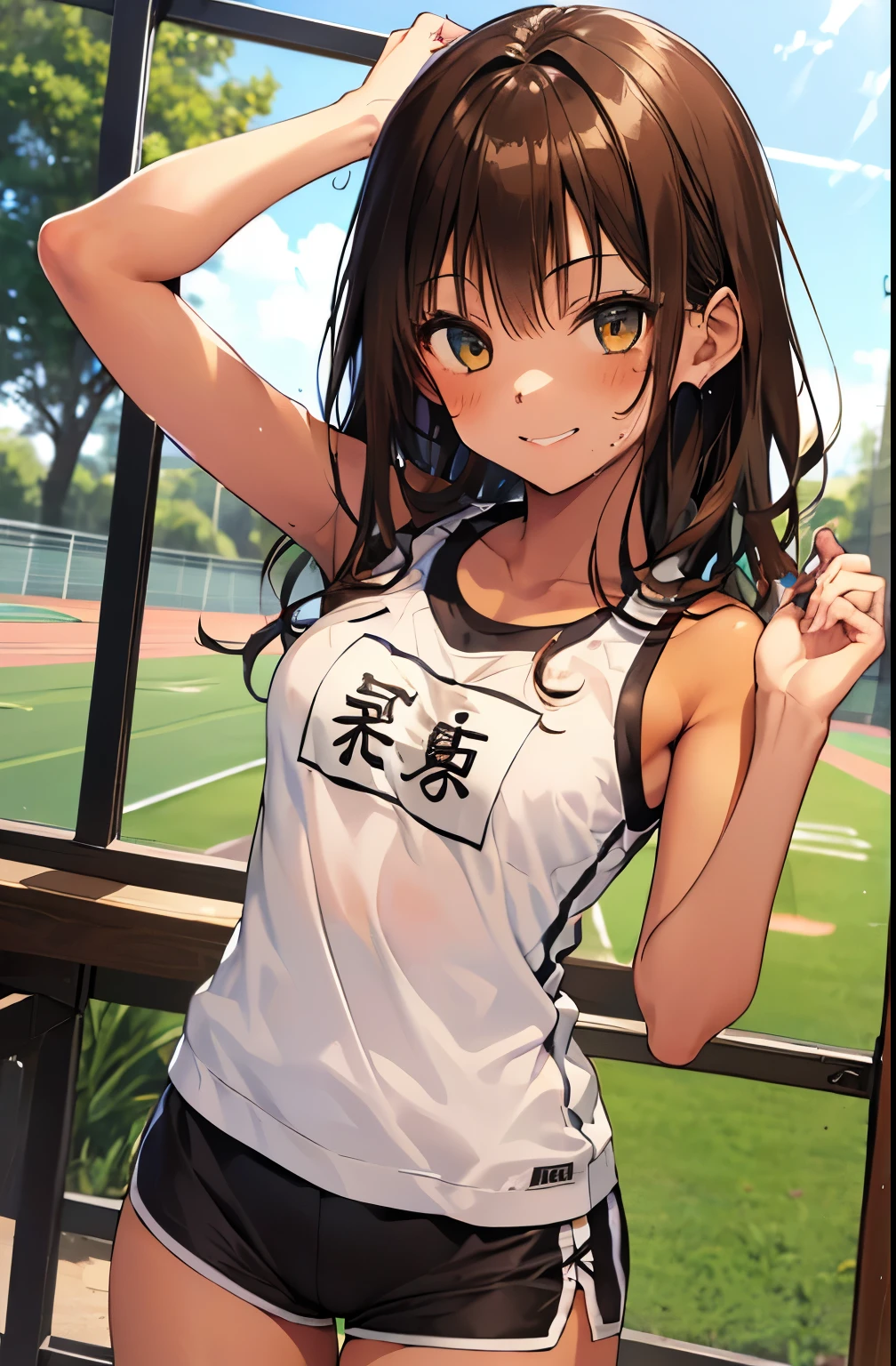 highest quality、elementary school bra、beige shorts、cool look、sexy pose in the room、armpit sweat、grass、ecstasy face((table top)), (1 girl:2.0), (highly detailed face, smile) , (slender physique), (japanese girl), ((Athletics Club Member, Long-distance runner)), Slightly round face, (tanned brown face:1.6), cute, Big eyes