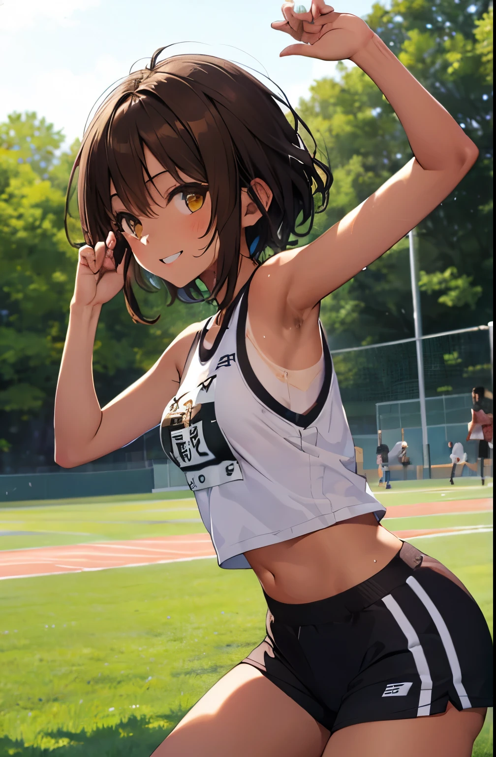 highest quality、 bra、beige shorts、cool look、sexy pose in the room、armpit sweat、grass、ecstasy face((table top)), (1 girl:2.0), (highly detailed face, smile), short haircut, brown hair, , (slender physique), (japanese girl), ((Athletics Club Member, Long-distance runner)), Slightly round face, (tanned brown face:1.6), cute, Big eyes