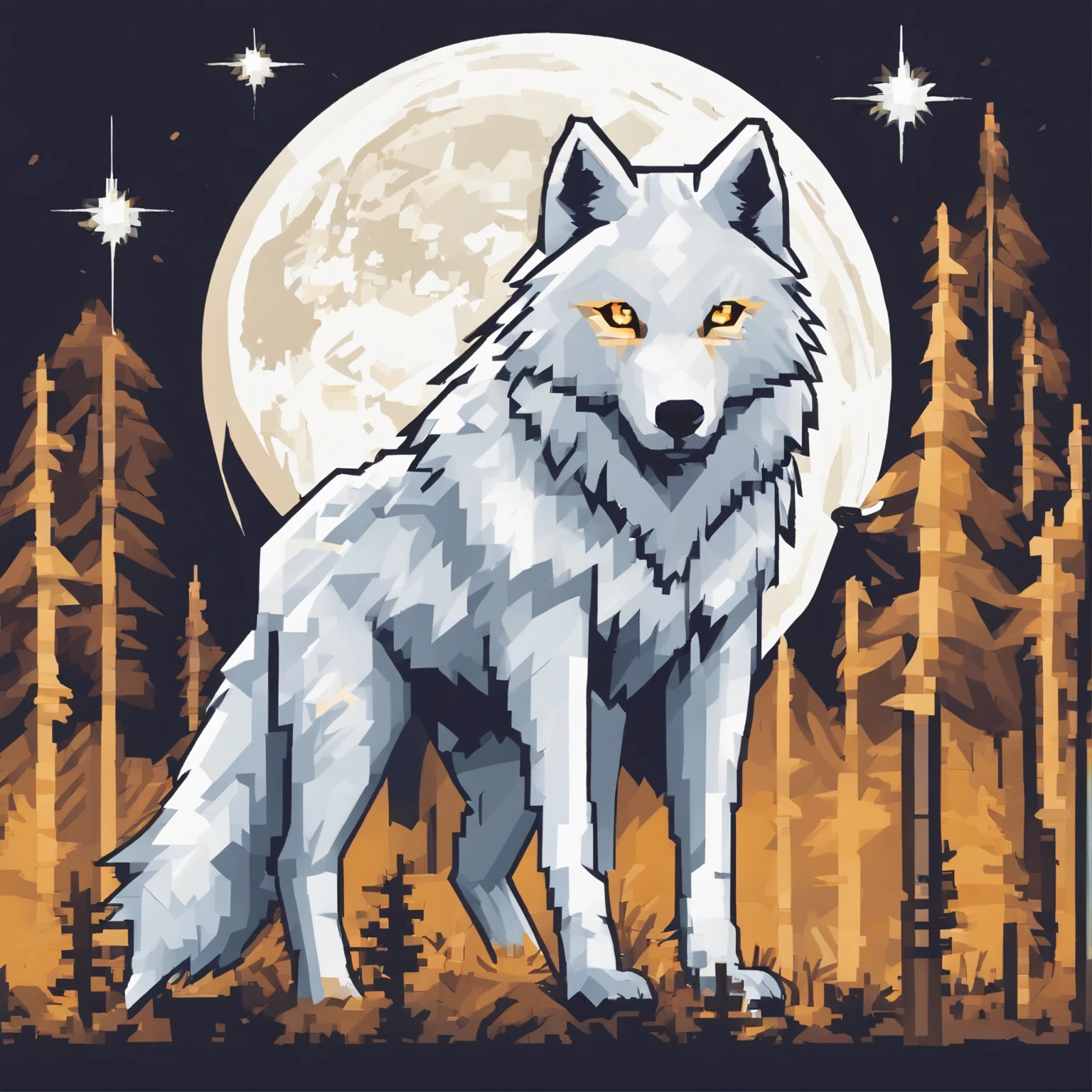 A cute white wolf sticker, golden eyes, a cute warrior , a full moon, a deep forest, and a mysterious image. It's night but it's bright