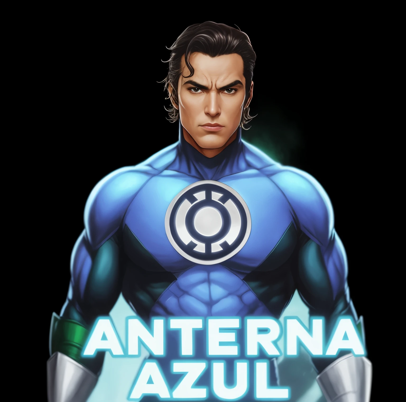 a man in a blue suit with a green lantern on his chest, manuel sanjulianblue, antediluvian, by Francis Zuniga, profile pic, with blue skin, fanart, puerto rican super hero, as an atlantean, 1024x1024, hero, ron, avatar image, azure, reed richards