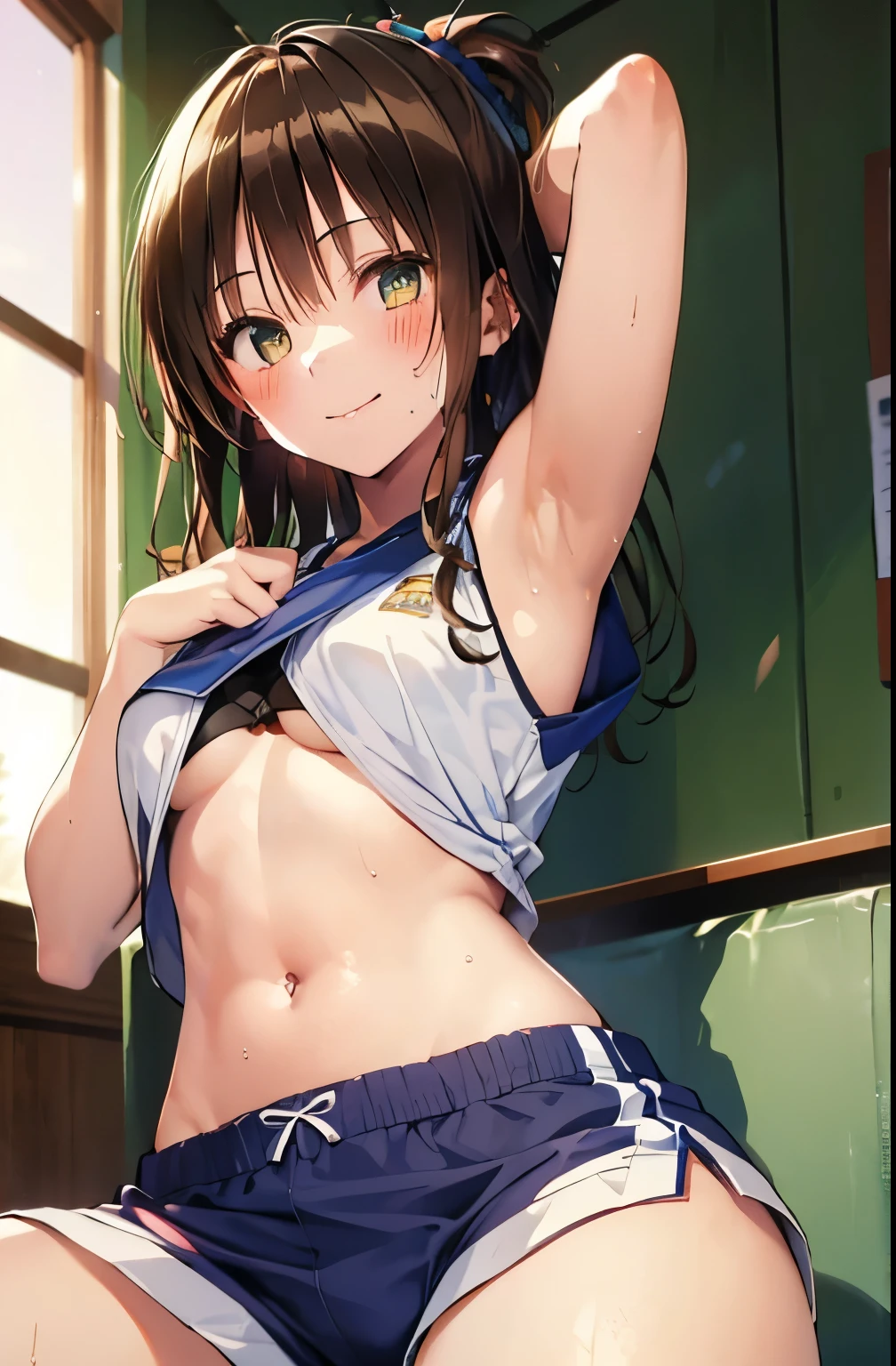 highest quality、 bra、beige shorts、cool look、sexy pose in the room、armpit sweat、grass、ecstasy face((table top)), (1 girl:2.0), (highly detailed face, smile) , (slender physique), (japanese girl), ((Athletics Club Member, Long-distance runner)), Slightly round face, cute, Big eyes