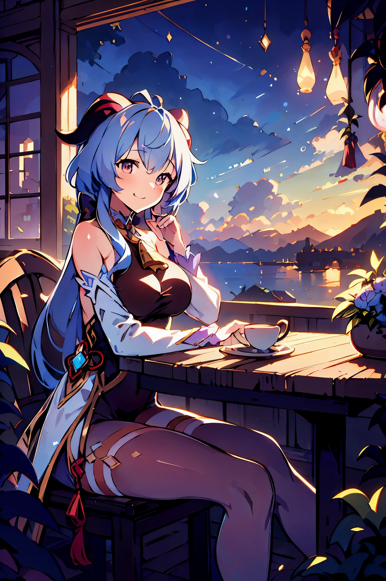 Very detailed,Pieces fly, Highest quality, Anime Images, Anime style etc.., Hired \(Genshin Impact\), Sit at the table, View from above, smile, 1 Girl, Twin Horn, Ticker,Fits your body type, I can see the pussy , blush, Colorful pastel fantasy,Sexy pose,Very detailedな背景,Nice views,Beautiful and beautiful scenery,((Very detailedな風景)),Incredibly high quality,Night Sky