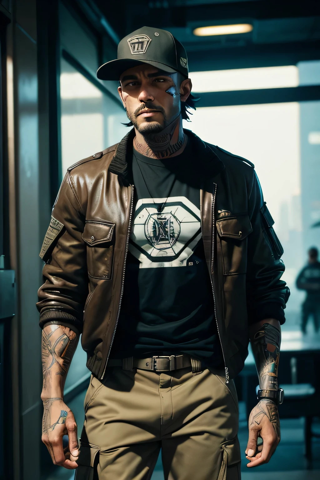 ex mercenary. man. backwards baseball cap. stubble on jaw. cyberpunk. tattoos. scars. tanned skin. wearing a loose shirt, puff jacket, cargo trousers. All skin covered.