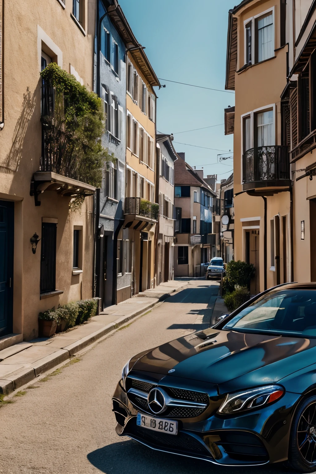 Cinematic scene of a vibrant street filled with houses lined up to the left and right. The heart of the scene is an elegant Mercedes E-Class car, parked diagonally, adding a touch of sophistication and intrigue to the image. The Mercedes' sleek design shines under the natural sunlight, creating a striking contrast against the warm color palette of the old houses. The camera angle is low, giving a sense of depth and perspective to the image. High-definition details reveal every intricate line and texture on the car's surface. This masterpiece captures the essence of urban beauty and classic automotive charm. (best quality, ultra-detailed: 1.2), Cinematic, dimensional
