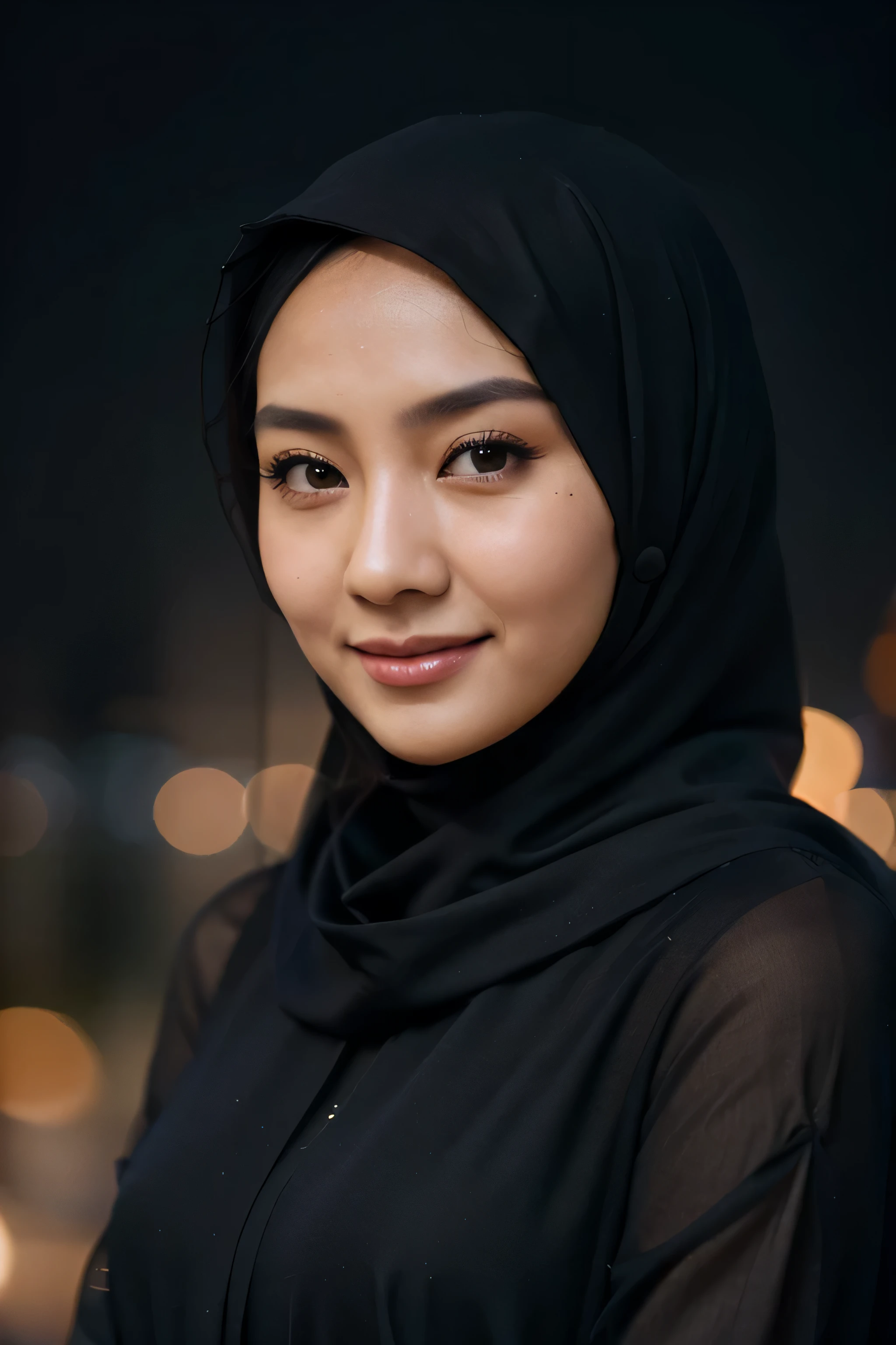 Photo of a hyperdetailed potrait, smile, sharp nose, Beautiful chinese muslim with hijab natural chinese Woman, pashmina black hijab and black dress [jungle|field], Stars in the sky, soft focus, dmt, film grain, canon rf USM Lense, F/2.8 bokeh, 135 mm