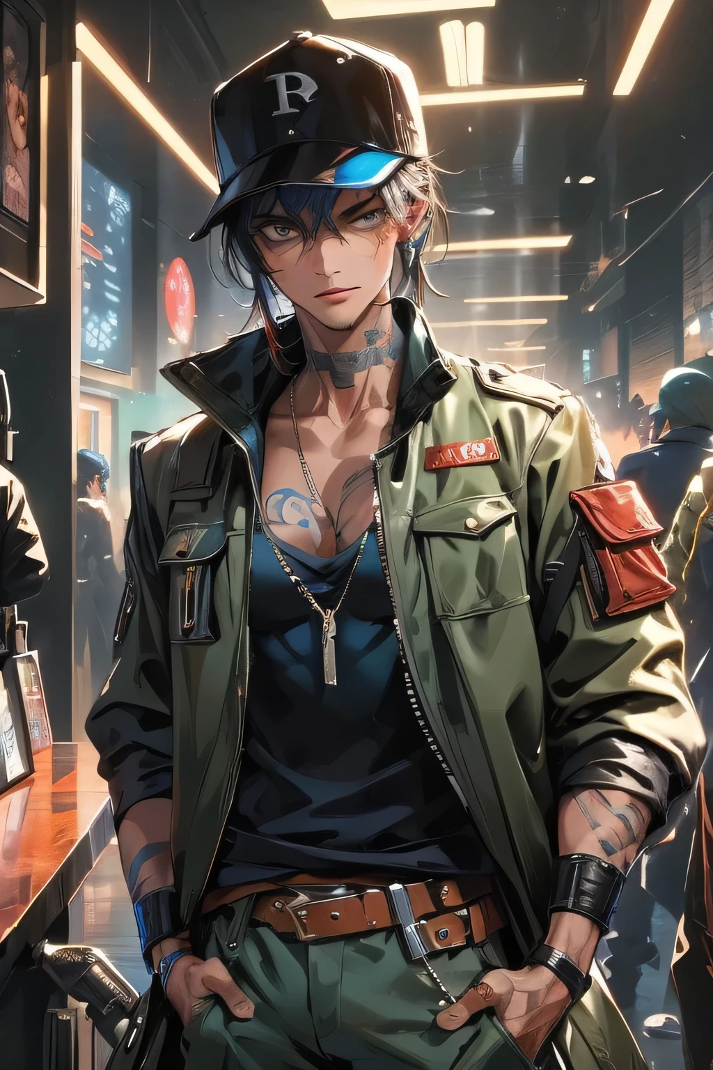 ex mercenary. man. backwards baseball cap. stubble on jaw. cyberpunk. tattoos. scars. tanned skin. wearing a loose shirt, puff jacket, cargo trousers. All skin covered.
