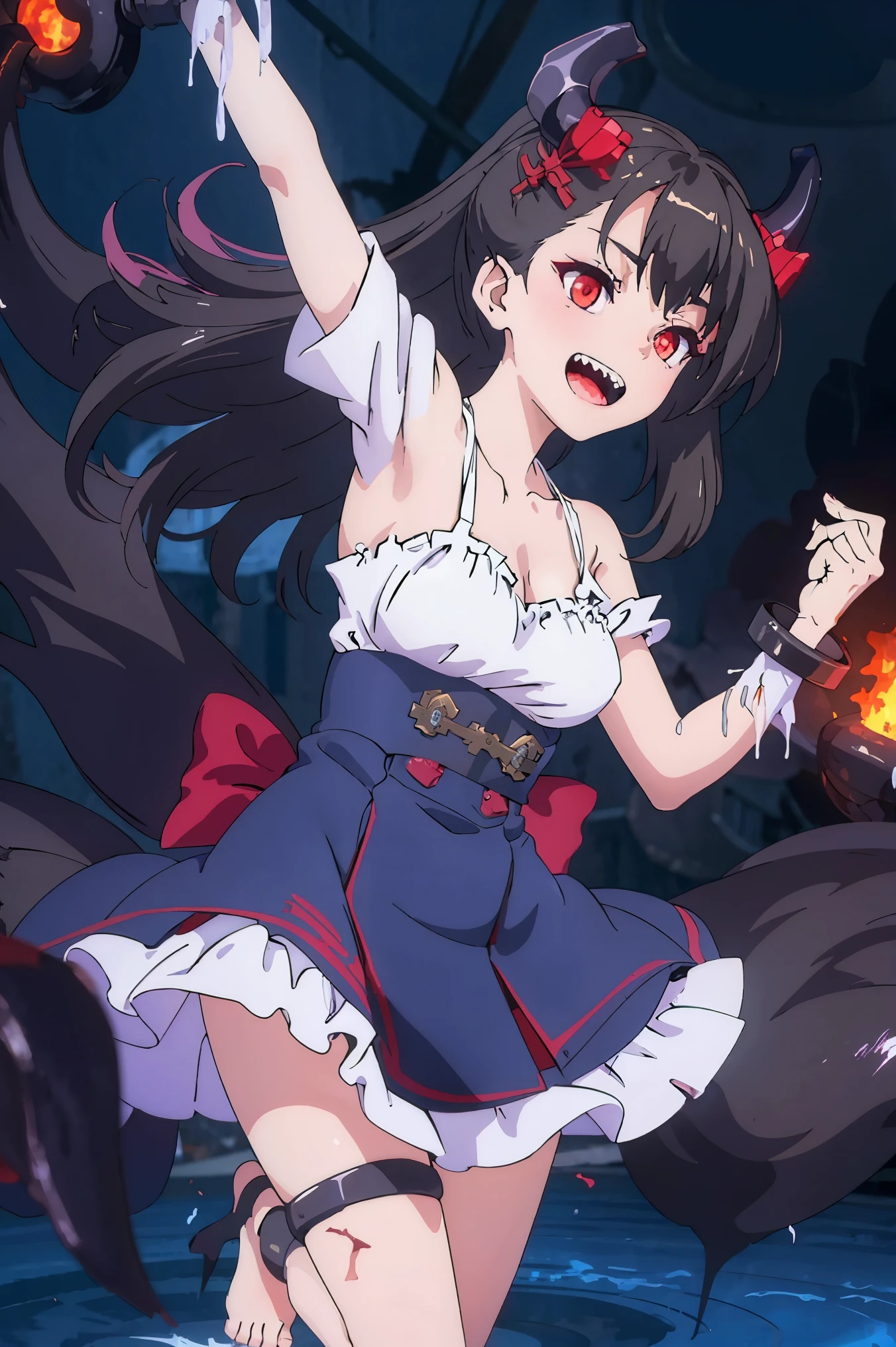 score_9,score_8_up,score_7_up, source_cartoon, source_furry, furry girl, wolf, black hair, punk hairstyle, huge long spiky ponytail, anime style, small breasts, red eyes, makeup, eyeshadows, ((deep red bikini ruffled triangle, high cut bottom, star necklace, deep red sarong on hips)), high quality, detailed body, detailed eyes, detailed face, masterpiece, glistening body, detailed body fur, best quality, two tone body, gray fur, clear gray fur, perfect lighting, perfect shadows, perfect eyes, perfect hair, perfect face, gorgeous body, skinny, sassy expression, glowing red eyes, dynamic action shot, thicker lines, uperbody, solo, Dungeon, aeghao, tongue out, saliva, from above, motion blur, sexy, sweat, low angle, ((werewolf grabbing her whole body, surrounded by werewolfs, vaginal sex, huge ejaculation)), interspecies mating, shy, werewolf with furry girl, lick a whole body, low angle,