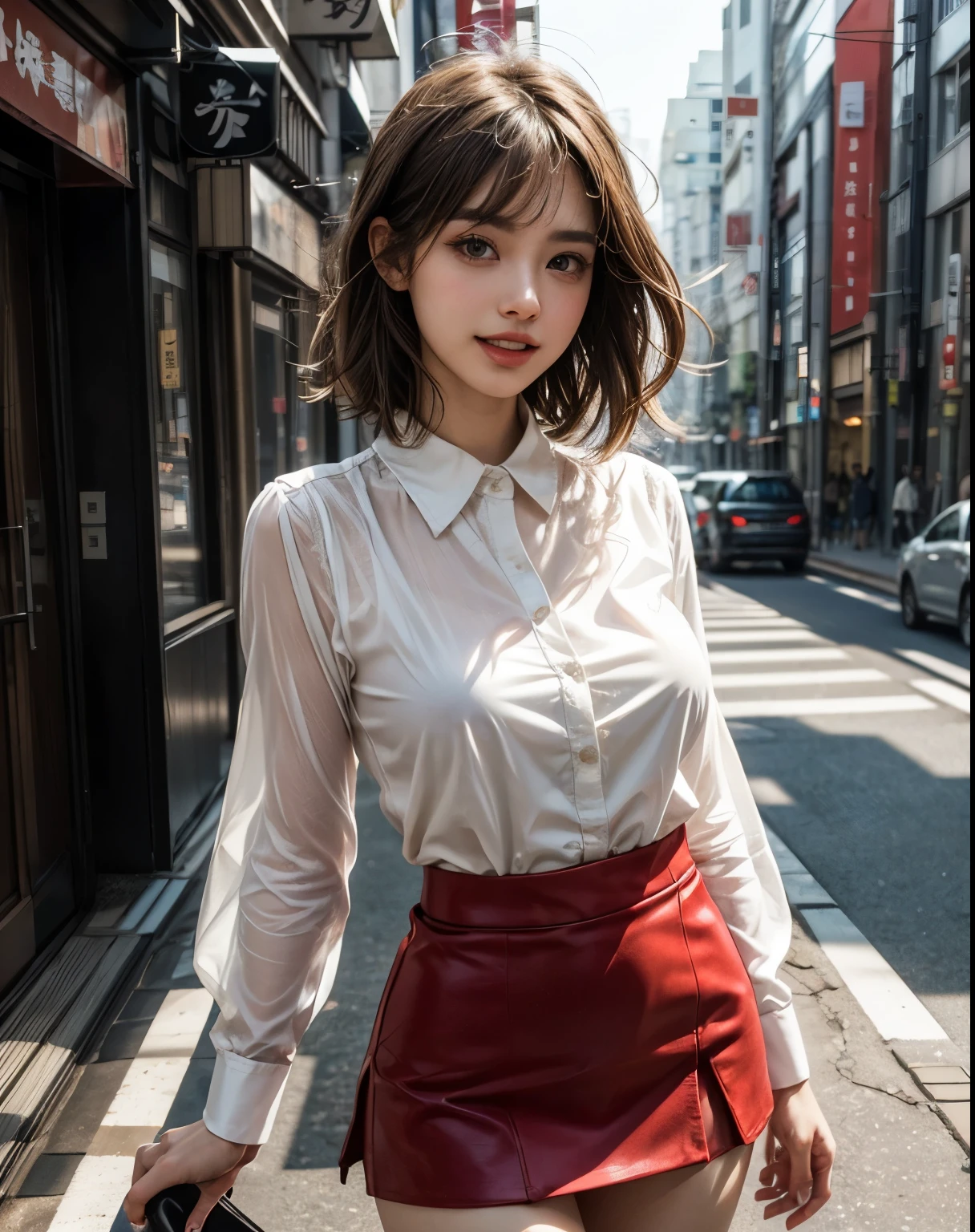 soft light, (((medium hair:1.3), short bangs, Floating hair NovaFrogStyle)), ((The ultimate beautiful Japanese wife)), 20th generation, detailed eye, (Big eyes:1.3), lip details, very detailed目と顔, beautifully detailed nose, detailed and beautiful eyes, long eyelashes, light shines on your face, (parted lips:1.2), (beautiful white teeth:1.3), mature face, ((big and full breasts)), realistic face, realistic body, Dense and beautiful thighs, (red blouse:1.3)、(red tight micro miniskirt:1.4)、exposed chest、The whole body to the toes、stockings、(cowboy shot:1.3), ((Depth of the bounds written))、With background:((Ginza town, Tokyo))、(Raw photo, highest quality), (realistic, Photoreal:1.3), table top, very delicate and beautiful, very detailed, nffsw, unity , 2k wallpaper, wonderful, small details, light smile, Highly detailed ticker unity 8k wallpaper, huge file size, Super detailed, High resolution, absurd,