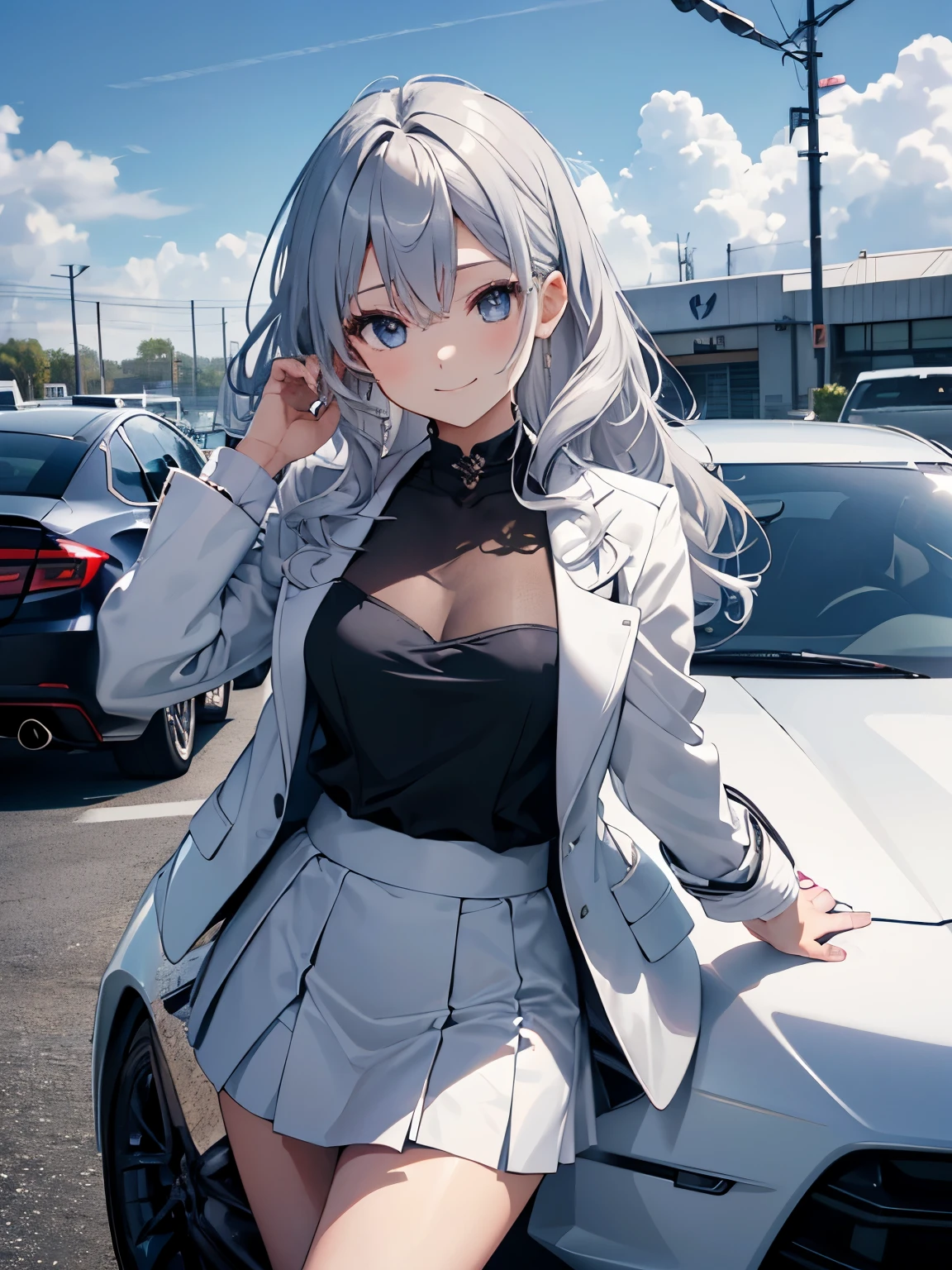 Luxury sports cars、HONDA NSXの横に立つ美少女、silver hair、medium long hair、wearing expensive clothes, A fancy skirt and jacket set-up suit with a frilled skirt、smile、The wind flips my skirt、I can see your panties、thighs、blue sky、refreshing sunny weather