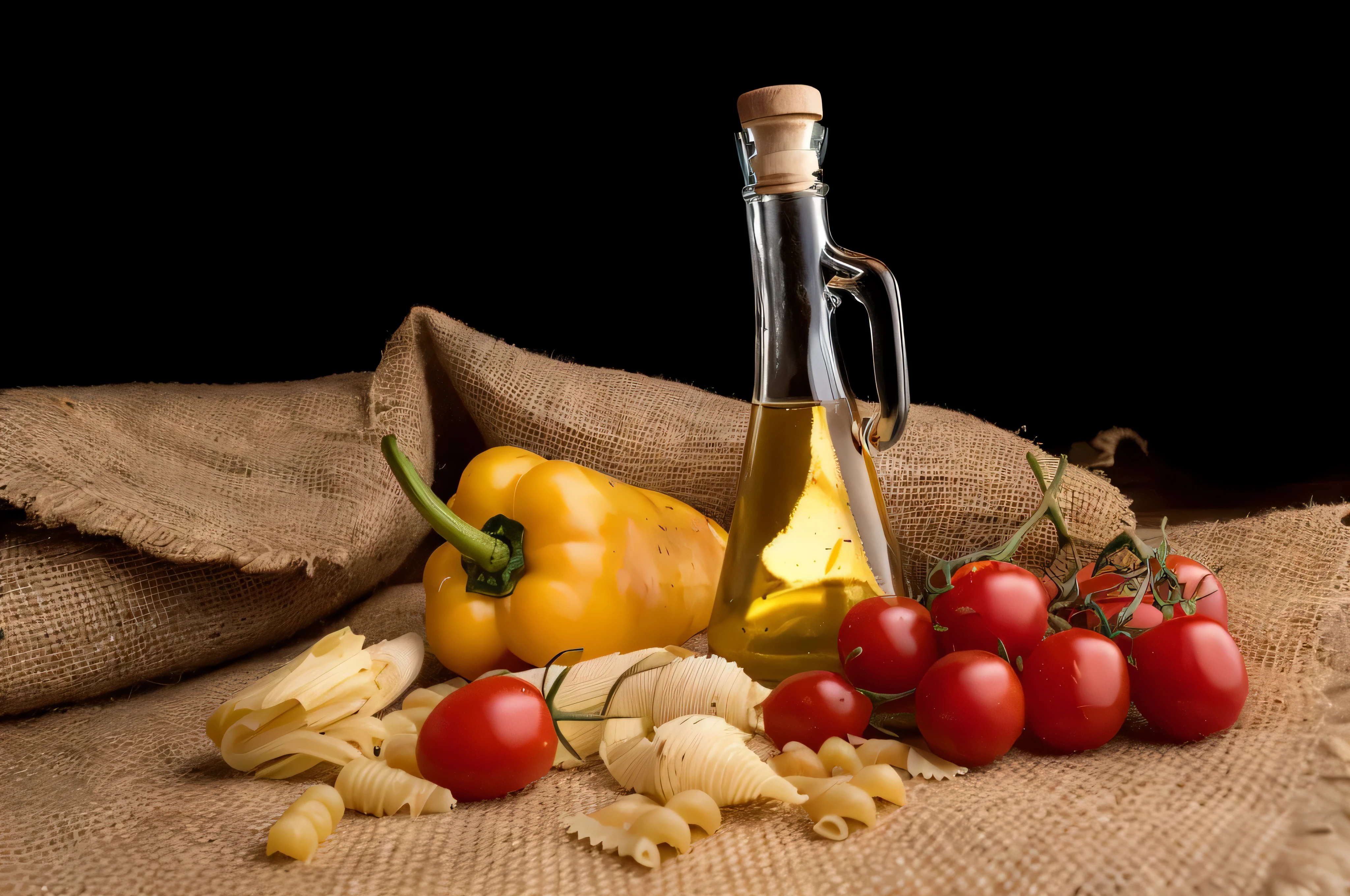 there is a bottle of olive oil, pasta, tomatoes, and peppers, food photography”, cooking oil, high quality food photography, still life photography, pasta, still life vegetables, oils, food photography, by David Garner, olive oil, food, commercial product photography, by Antonio Rotta, by Antonio de la Gandara, by Juan O'Gorman, food stylist