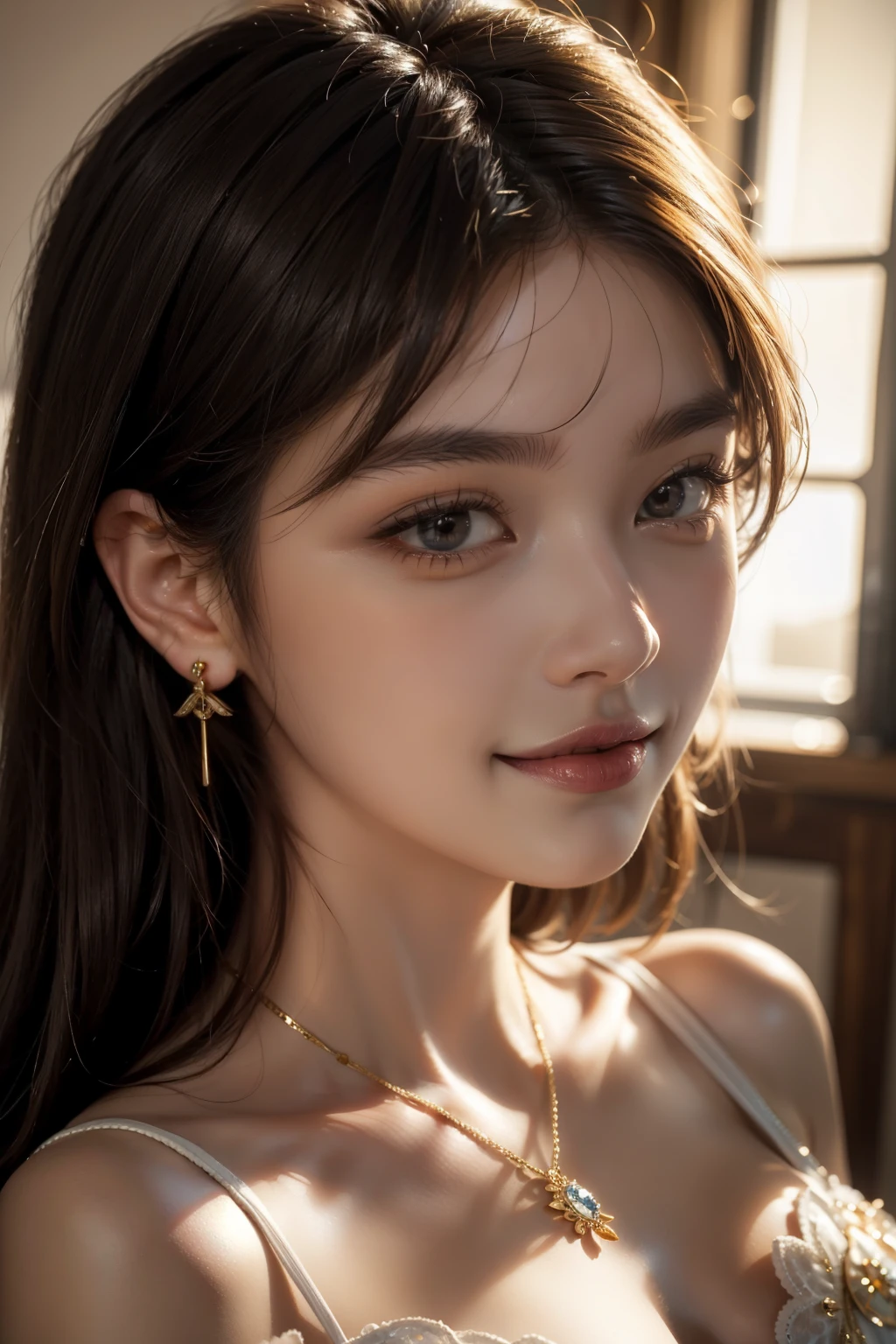 (best quality, 8k,32k,masterpiece, UHD:1.2),extremely detailed CG unity 8k wallpaper,intricate details,Raw photo,(photorealistic:1.4),atmosphere,ultra high res,Realistic,Real,Huge_filesize,incredibly absurdres,(centered:1.3),Ultra illustration,(ultra-detailed),cinematic lighting,various colors,depth of field,art by krenz cushart,golden hour lighting,taken by Canon EOS,SIGMA Art Lens 35mm F1.4,ISO 200 Shutter Speed 2000,blurry background,
BREAK,
1girl,(smile:1.3),slim body,(long straight hair:1.4),solo,20-year-old Japanese beautiful woman,(black bratop:1.5),(brown hair:1.5),((brown eyes)),Large breasts,chest, Soft white skin that shines with every detail,pale skin,Very beautiful face,Very well-formed face,Natural and realistic face,Best,beautiful detailed eyes,striking eyes,Eyes drawn in detail, smile with your mouth closed,Detailed mouth,Detailed lips,shiny beautiful lips,Glossy lips,simple earrings,necklace,jewelry, solo focus,low neckline,
BREAK,
Back lighting,kool,Standing,
BREAK,
(Dutch angle:1.4),cowboy shot,looking at viewer,
BREAK,tzuyu,yui aragaki,