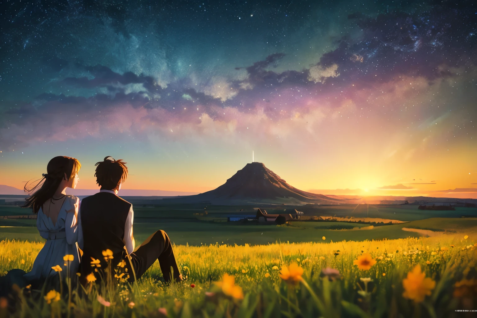 Rear view of two lovers, a man and a woman, sitting on a prairie, holding each other's shoulders and looking at the meteors in the starry sky、Anime grassland in the background Beautiful and harmonious scene, Exquisite animations, rich details high quality, Vivid 4K, artistic 4k wallpaper, amazing anime scenery,