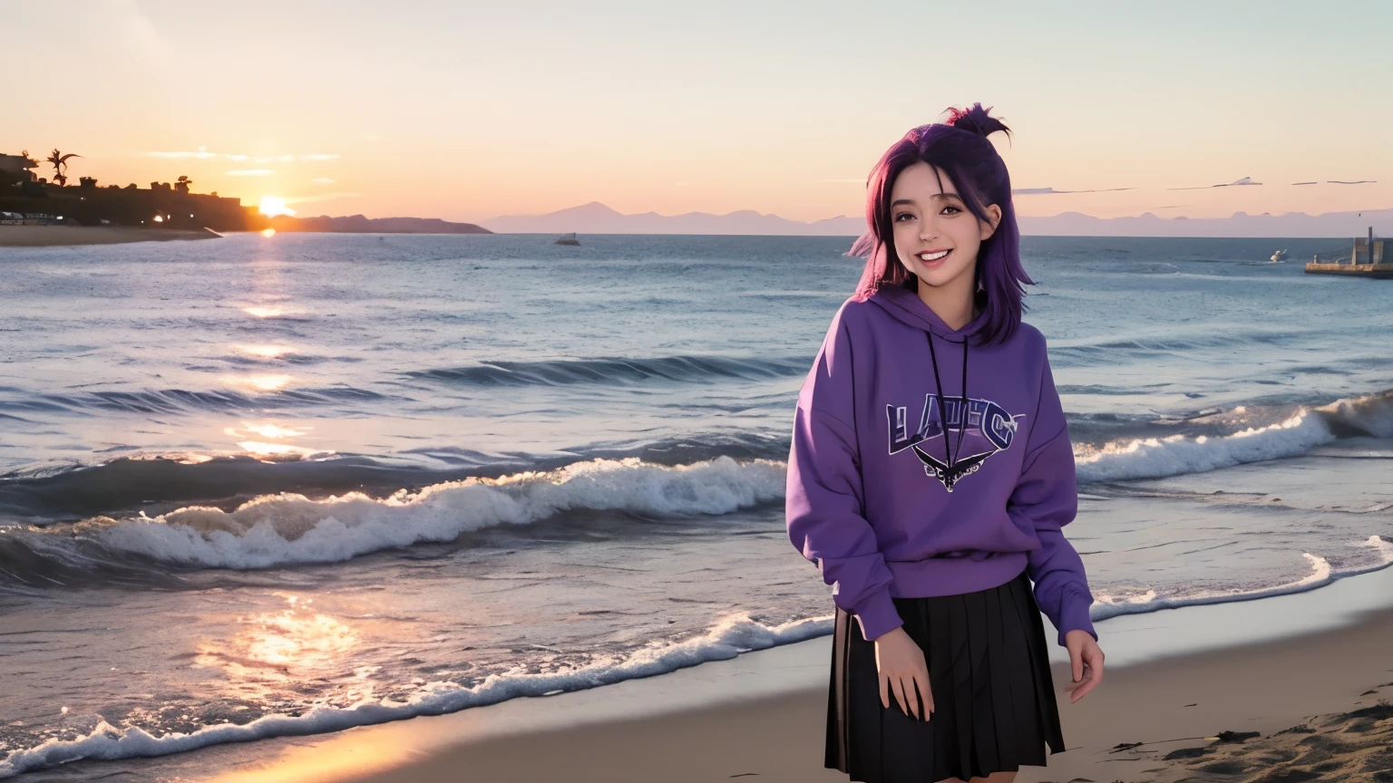 beach,seaside,Sunset,Purple hair,purple eyes,Smile,Black sweatshirt,black pleated skirt