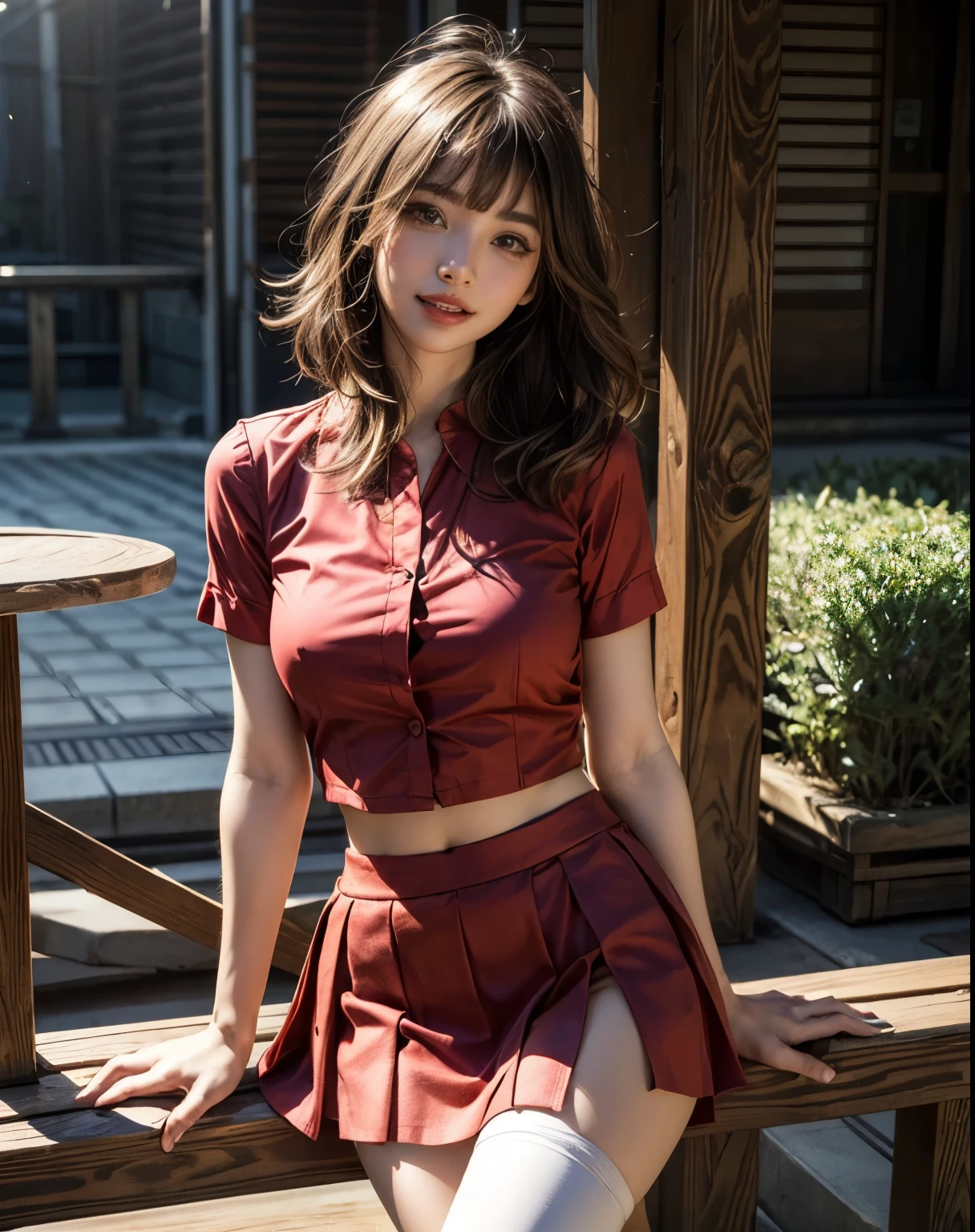 soft light, (((medium hair:1.3), short bangs, Floating hair NovaFrogStyle)), ((The ultimate beautiful Japanese wife)), 20th generation, detailed eye, (Big eyes:1.3), lip details, very detailed目と顔, beautifully detailed nose, detailed and beautiful eyes, long eyelashes, light shines on your face, (parted lips:1.2), (beautiful white teeth:1.3), mature face, ((big and full breasts)), realistic face, realistic body, Dense and beautiful thighs, (red blouse:1.3)、(red tight micro miniskirt:1.4)、The chest is wide open、The whole body to the toes、stockings、(cowboy shot:1.3), ((Depth of the bounds written))、With background:((Ginza town, Tokyo))、(Raw photo, highest quality), (realistic, Photoreal:1.3), table top, very delicate and beautiful, very detailed, nffsw, unity , 2k wallpaper, wonderful, small details, light smile, Highly detailed ticker unity 8k wallpaper, huge file size, Super detailed, High resolution, absurd,