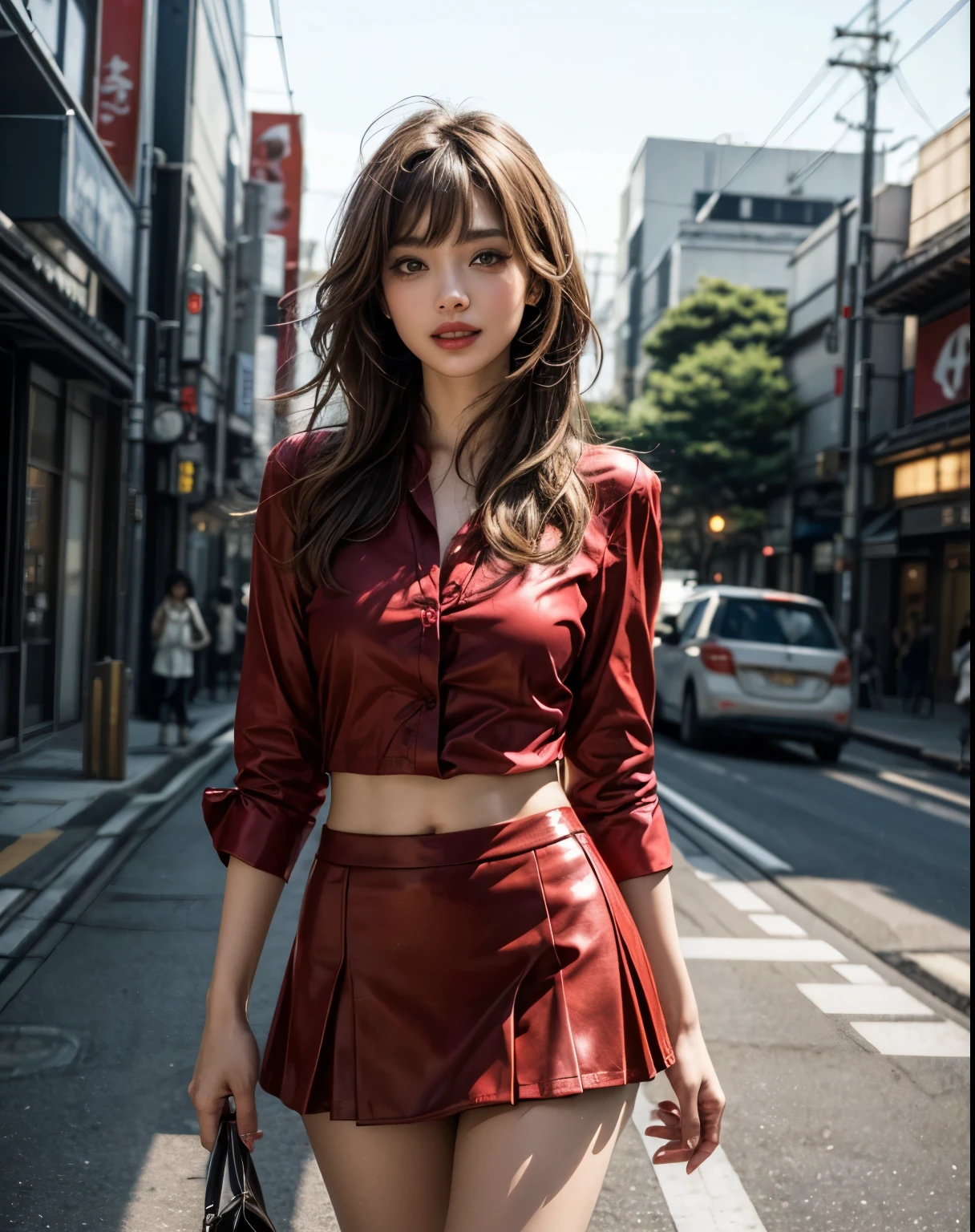 soft light, (((medium hair:1.3), short bangs, Floating hair NovaFrogStyle)), ((ultimate beautiful wife)), 20th generation, detailed eye, (Big eyes:1.3), lip details, 非常にdetailed eyeと顔, beautifully detailed nose, fine and beautiful eyes, long eyelashes, light shines on your face, (parted lips:1.2), (beautiful white teeth:1.3), mature face, ((big and full breasts)), realistic face, realistic body, thick and beautiful thighs, (red blouse:1.3)、(red tight micro miniskirt:1.4)、The chest of the blouse is wide open、The whole body to the toes、stockings、(cowboy shot:1.3), ((written boundary depth))、With background:((Ginza town, Tokyo))、(Raw photo, highest quality), (realistic, Photoreal:1.3), table top, very delicate and beautiful, very detailed, nffsw, unity , 2k wallpaper, wonderful, small details, light smile, Highly detailed ticker unity 8k wallpaper, huge file size, Super detailed, High resolution, absurd,