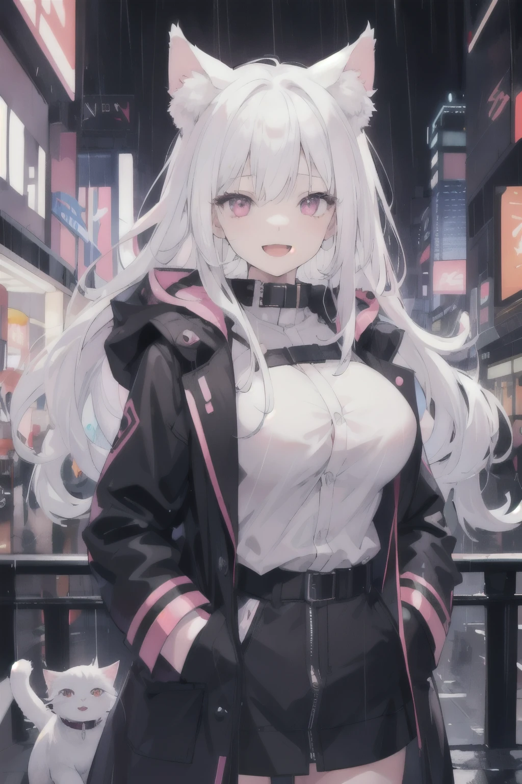 1 girl,night city,rain,coat,White hair with hands in pockets,straight hair,light pink eyes,cat girl,Big breasts,White cat ears,open mouth,Smile