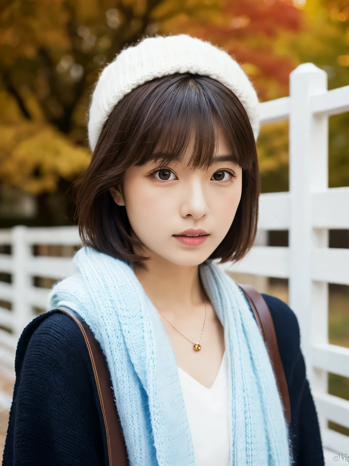 white wall、Taken in front of the white door、(窓のあるwhite wallの部屋)、Photographed in natural light、Highly detailed face and skin texture、highly detailed lips、correct state of the human body、ultra high resolution、(Photoreal:1.4)、highest quality, 1 beautiful woman, 28 years old, s, 50MM lens、light blue knit、(dark brown medium short hair)、Japanese woman with bob、(dark brown hair)、Various poses、look at the camera、natural color lip、autumn outfit、Winter clothes、 necklace