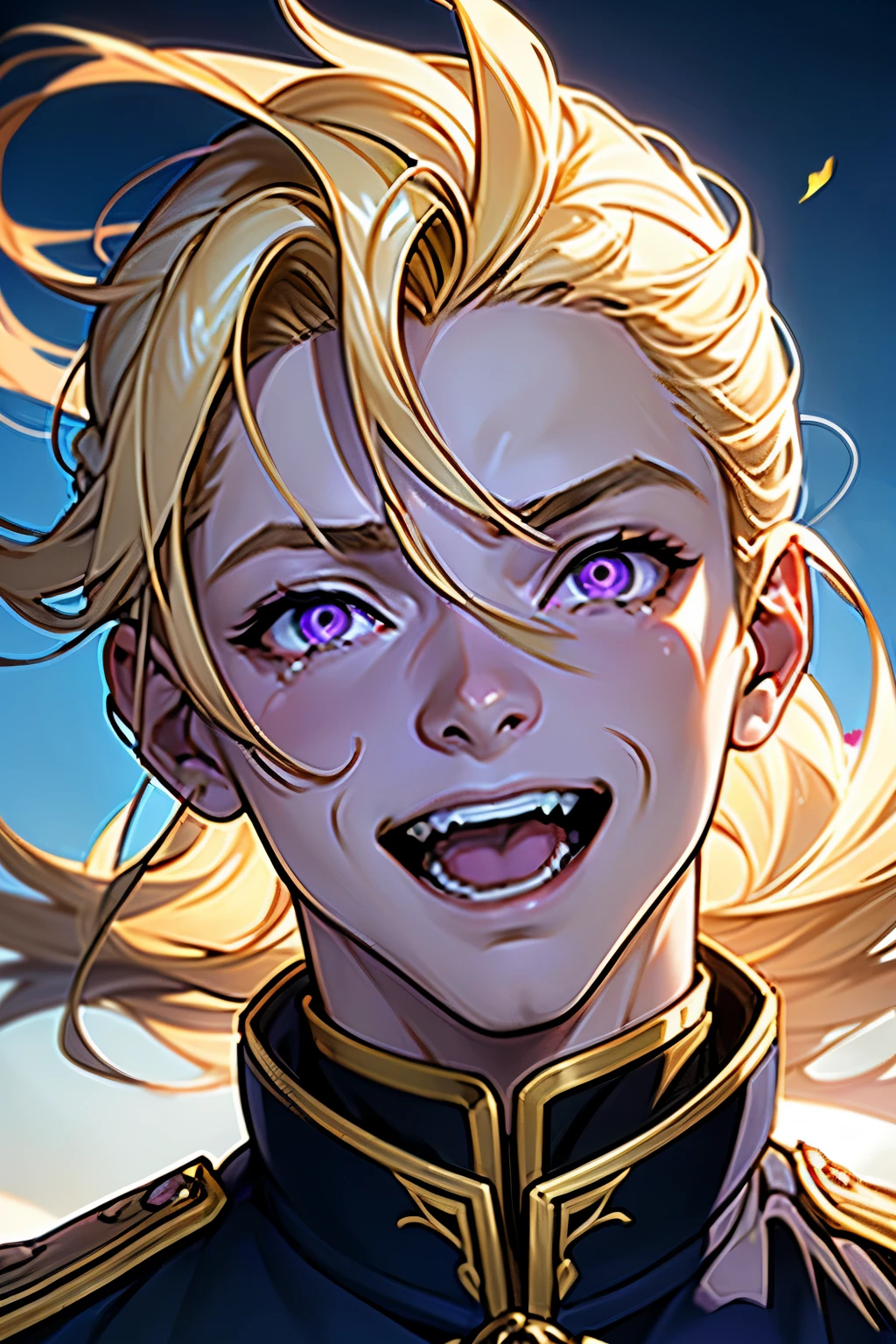 anime - laughing face, crazy laughing face, laugh, crazy laugh, huge laugh, pointing using hand, pointing to the camera, half body portrait, laughing to the sky, head pointing upward, crazy, laughing, tears, mouth open, screams, squinting, screaming, looking at the sky, looking up, crazy, laugh, psychopath, style image of a young prince with purple eyes and blonde hair, blonde hair, blonde hair, a portrait of a male prince, beautiful male prince, a male prince, portrait of a young prince, handsome guy in demon slayer art, male, young, beautiful androgynous prince, smirk, artwork in the style of guweiz