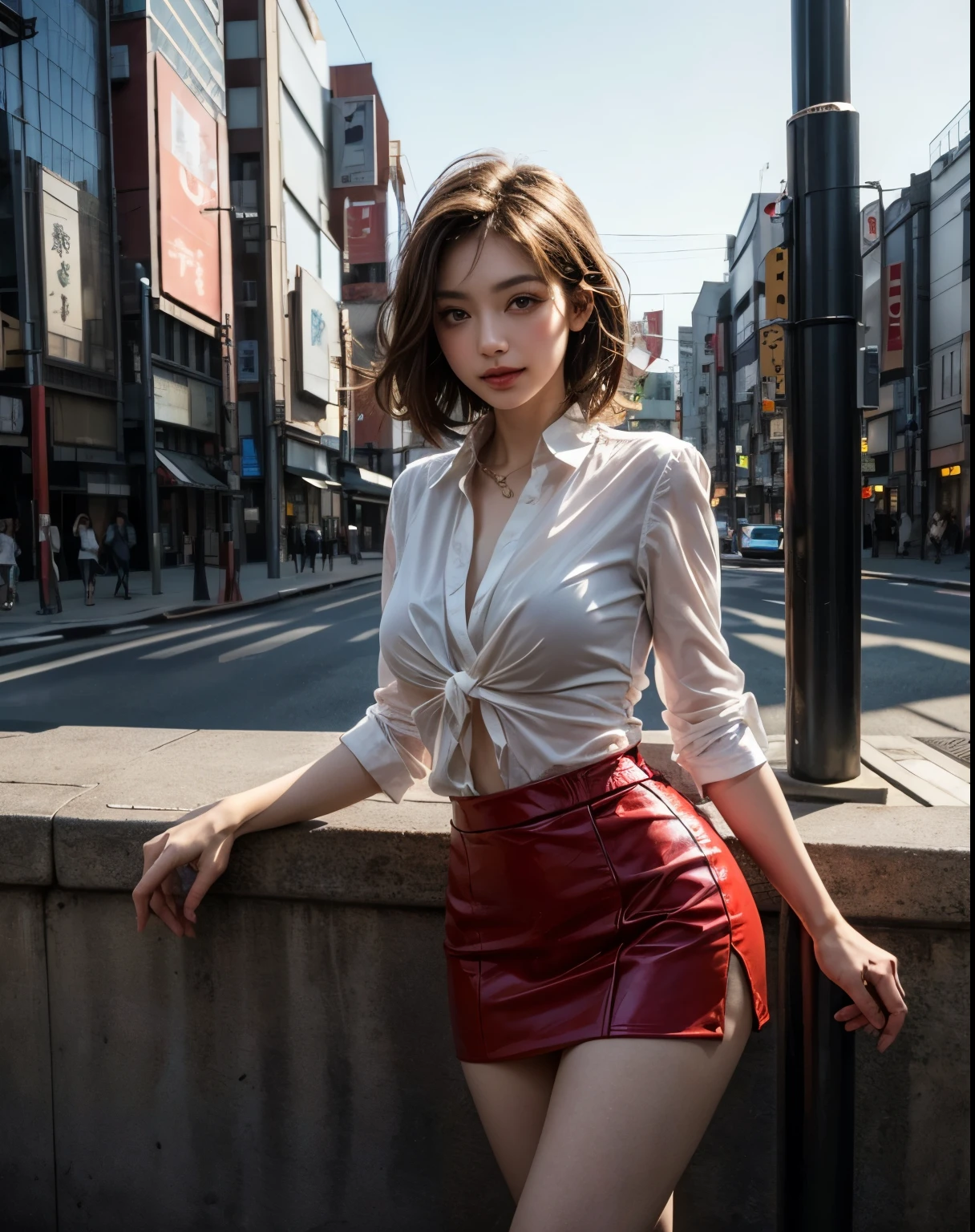 soft light, (((medium hair:1.3), short bangs, Floating hair NovaFrogStyle)), ((The ultimate beautiful Japanese wife)), 20th generation, detailed eye, (Big eyes:1.3), lip details, very detailed目と顔, beautifully detailed nose, detailed and beautiful eyes, long eyelashes, light shines on your face, (parted lips:1.2), (beautiful white teeth:1.3), mature face, ((big and full breasts)), realistic face, realistic body, Dense and beautiful thighs, (red blouse:1.3)、(red tight micro miniskirt:1.4)、The chest is wide open、The whole body to the toes、stockings、(cowboy shot:1.3), ((Depth of the bounds written))、With background:((Ginza town, Tokyo))、(Raw photo, highest quality), (realistic, Photoreal:1.3), table top, very delicate and beautiful, very detailed, nffsw, unity , 2k wallpaper, wonderful, small details, light smile, Highly detailed ticker unity 8k wallpaper, huge file size, Super detailed, High resolution, absurd,