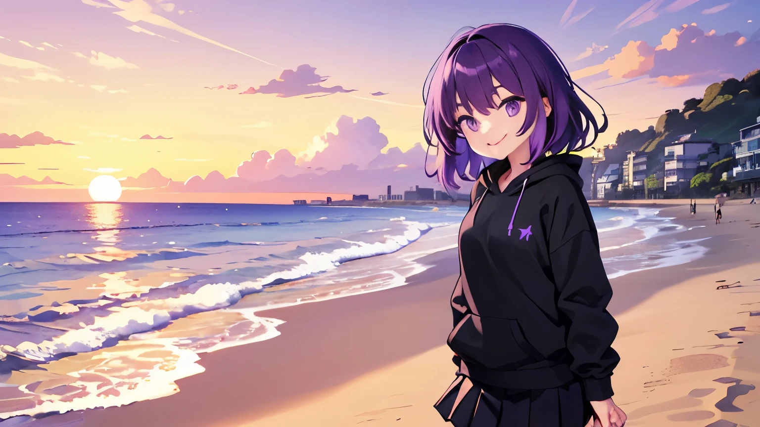 beach,seaside,Sunset,Purple hair,purple eyes,Smile,Black sweatshirt,black pleated skirt