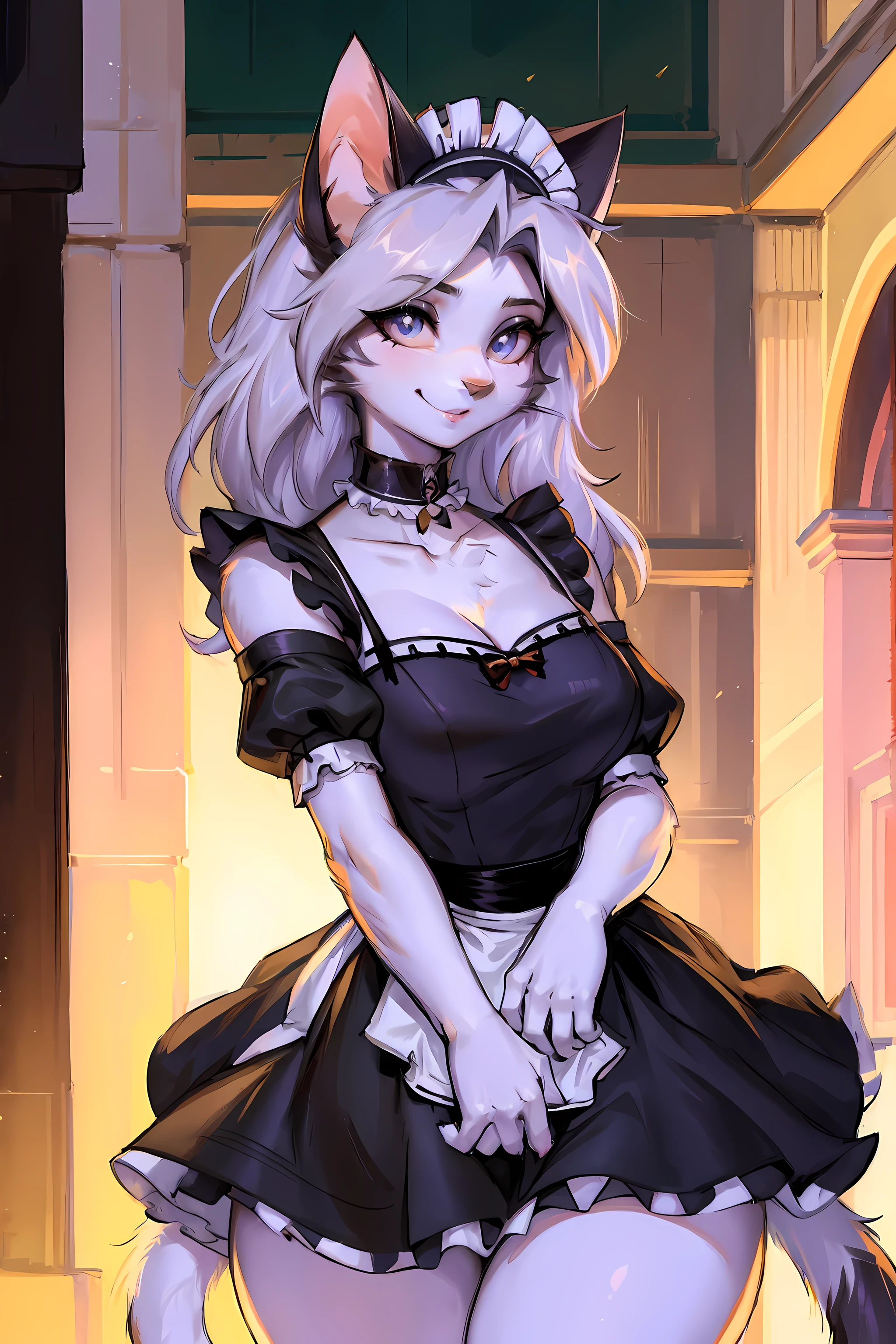 (maid uniform:1.5),(best quality,4K,8K,high resolution,masterpiece:1.2),Super detailed,hairy,catwoman,(fair/delicate eyes:1.1),feminine face,long eyelashes,flowing chiffon,(jewelry/Accessories:1.1),well proportioned body,(Thick thighs:1.1),inspired by luna,(Reasonable structure:1.1) ,Perfect high detail face,(perfect delicate eyes:1.5),upright pupils,(cat eye:1.5),Smile,very charming,smooth long hair,perfect breast shape,very charming和温柔Smile