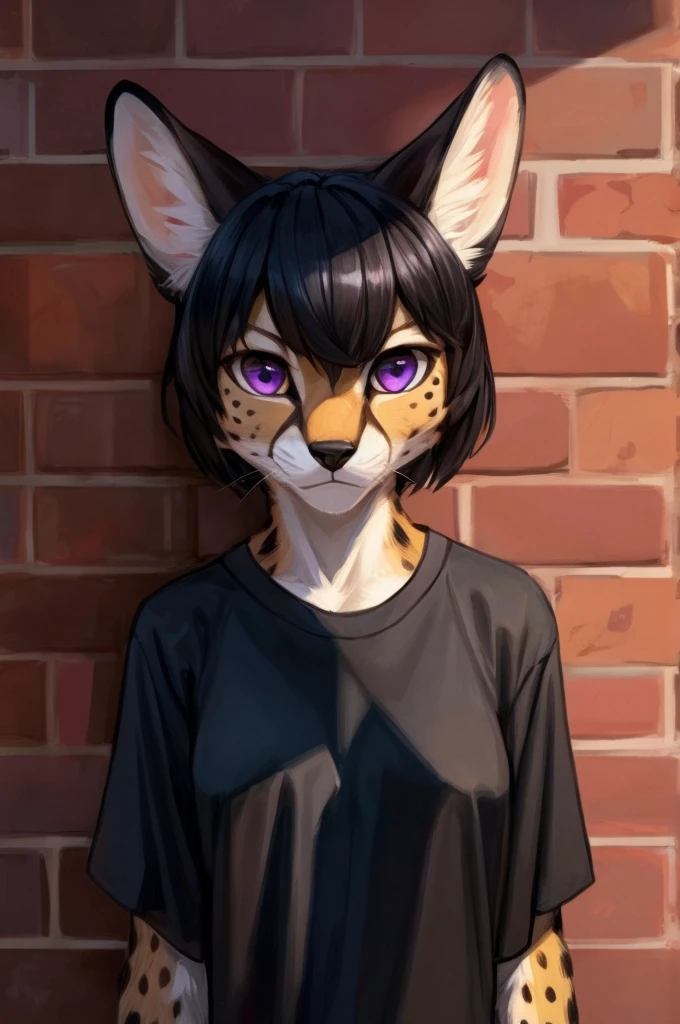 By bebebebebe, solo, standing, female, brick wall, facing viewer, feline, grey serval, ((hair, snout)), short hair, ebony hair, purple eyes, detailed eyes,