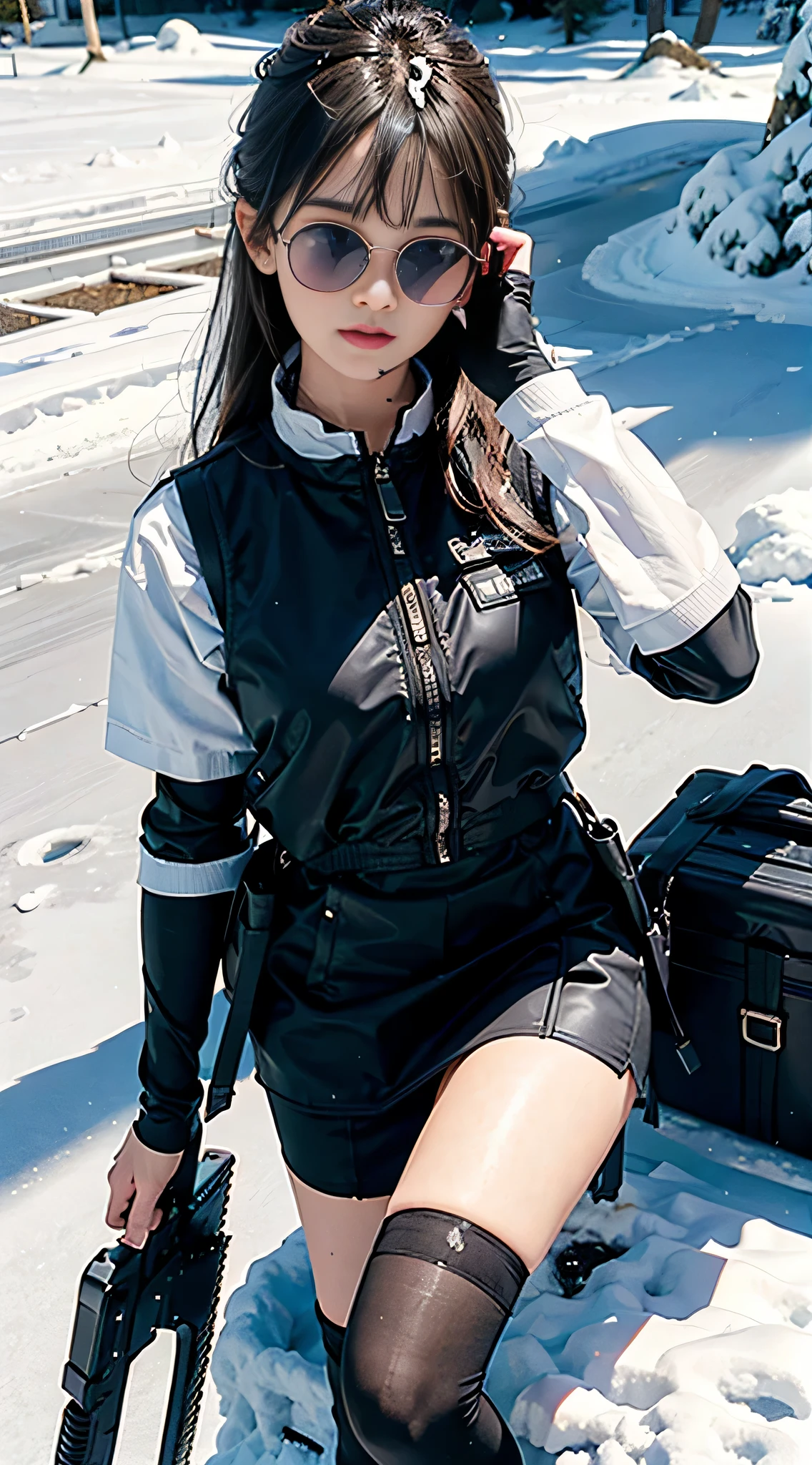 ((Best quality)), (Masterpiece), Photorealistic, Photorealism, A girl lies in the snow,Aim with an AK-47 assault rifle, Mini skirt, (upper legs), Photorealistic, high resolution,Snow background, looking to the camera, (Detailed face), cabellos largos dorados, SWAT vests, Gun, jewelry,Black gloves, sunglasses on head, Fingers are occluded