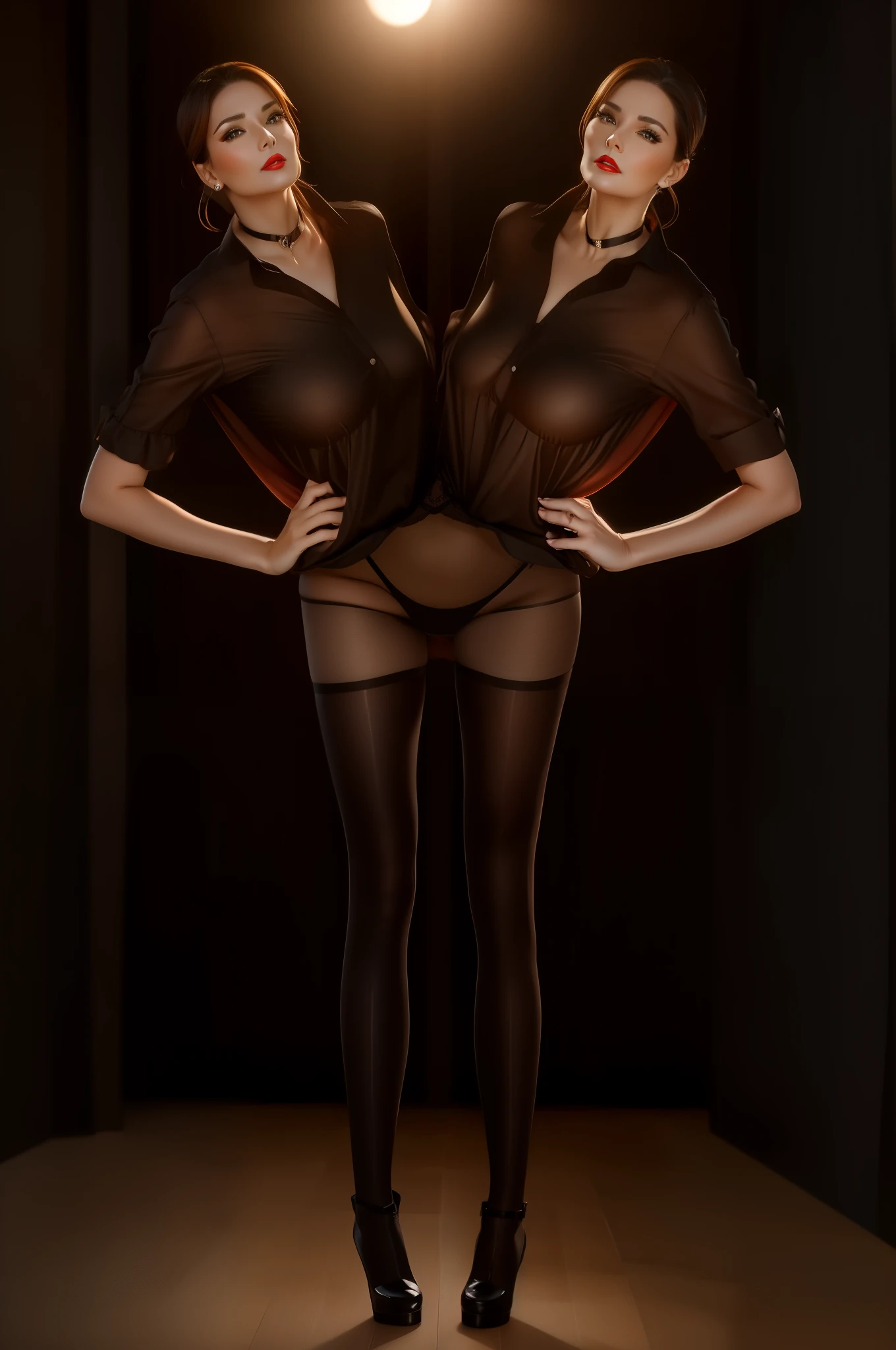 2 heads,Photo of a 50 year old woman with brown hair, captivating gaze, brown eyes, wrinkles on her face, black pantyhose,black high heel boots,she wears very sexy lingerie underwear、、reveals her big saggy breasts, light makeup and red lips. 32k