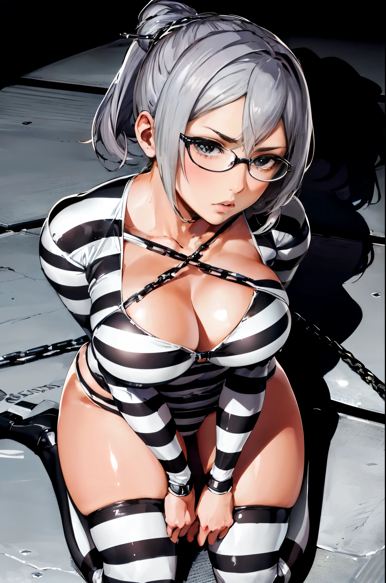 (best quality,detailed), 1 girl, alone, inside, Prison, dark, on knees, handcuffs, from above, Shiraki Meiko, striped, bokeh, Prison clothes, glasses, sharp focus