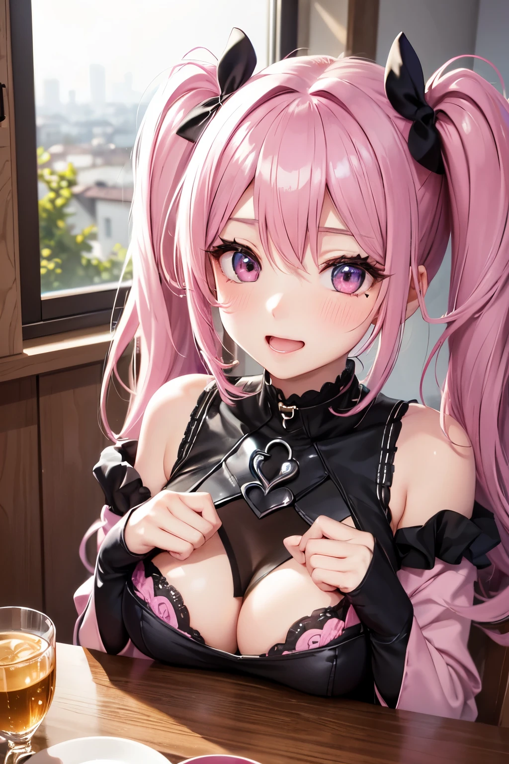 striped hair,pink twintail hair, Hello, mole under eye, mole under mouth, heart shaped eyes, long eyelashes, pink eyes, heart shaped choker、Full body Esbian、look at the audience、shy, blush, teeth, ear blush, nose blush,anime style, color field paint, ray tracing, bloom, one person'point of view, nffsw, award-winning, 16k, 最high quality, advanced details, high quality, table top, High resolution, Accurate, Super detailed