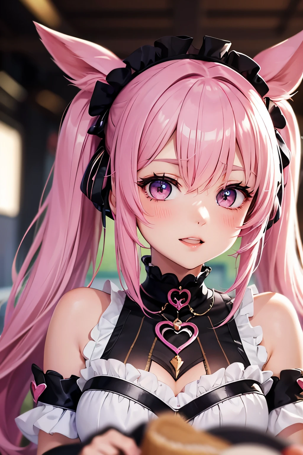 1girl, pink hair, long hair, hd quality, 4k, 8k,,eyes, face, , evil, dark, face closeup, face, evil smirk, fangs,in a cute bedroom on the bed,und, face close up. dominant, dark, sideways, sideview, villain, hair clip,black horns, large breasts, twin tails, evilgrin, huge breasts, wink, one eye closed, eye wink, pink, hair clip,