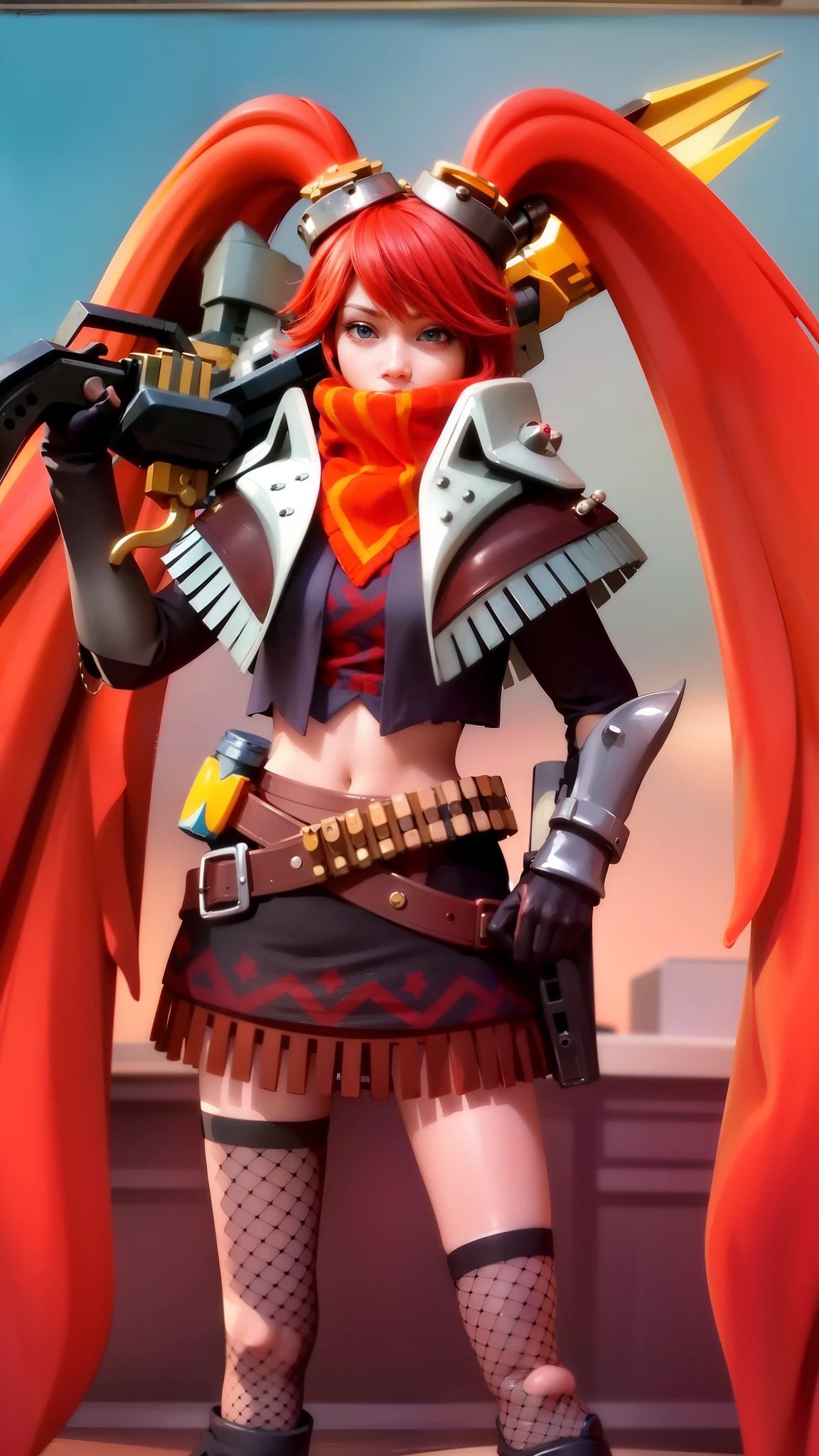 8k, ultra hd, ultra detailed texture, hyper realistic, masterpiece, detailed texture, detailed face, detailed skin, detailed lighting, (photorealistic:1.5), best quality, beautiful lighting, cinematic lighting, professional lighting, ultra highres, realistic, detailed hair, real hair, high quality, (realskin:1.5), extremely detailed, finely detail, ultra-detailed, 1girl, cute face, red hair, blue eyes, close-up shot of a girl with a gun in her hand.