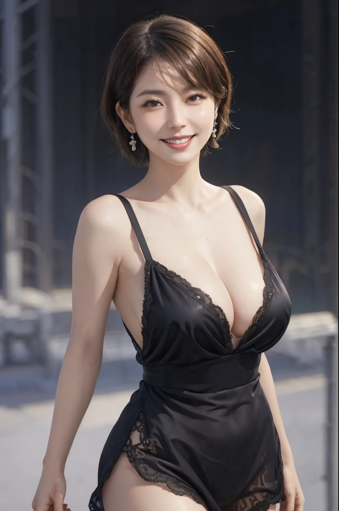 (NSFW), ultra high resolution, masterpiece, highest quality, portrait, facial portrait, perfect lighting, detailed lighting, dramatic shadow, ray tracing, 1 Japanese beautiful mature lady, 40 years old, Voluptuous, cleavage, plump body type, beautiful detailed brown eyes, chubby lips, red lips, big tits, big ass, big thick thighs, abs, muscle, shortcut hair, black hair, earrings, half open mouth, smiling, looking at viewer, revealing clothing, modern Japanese room, (negligee),