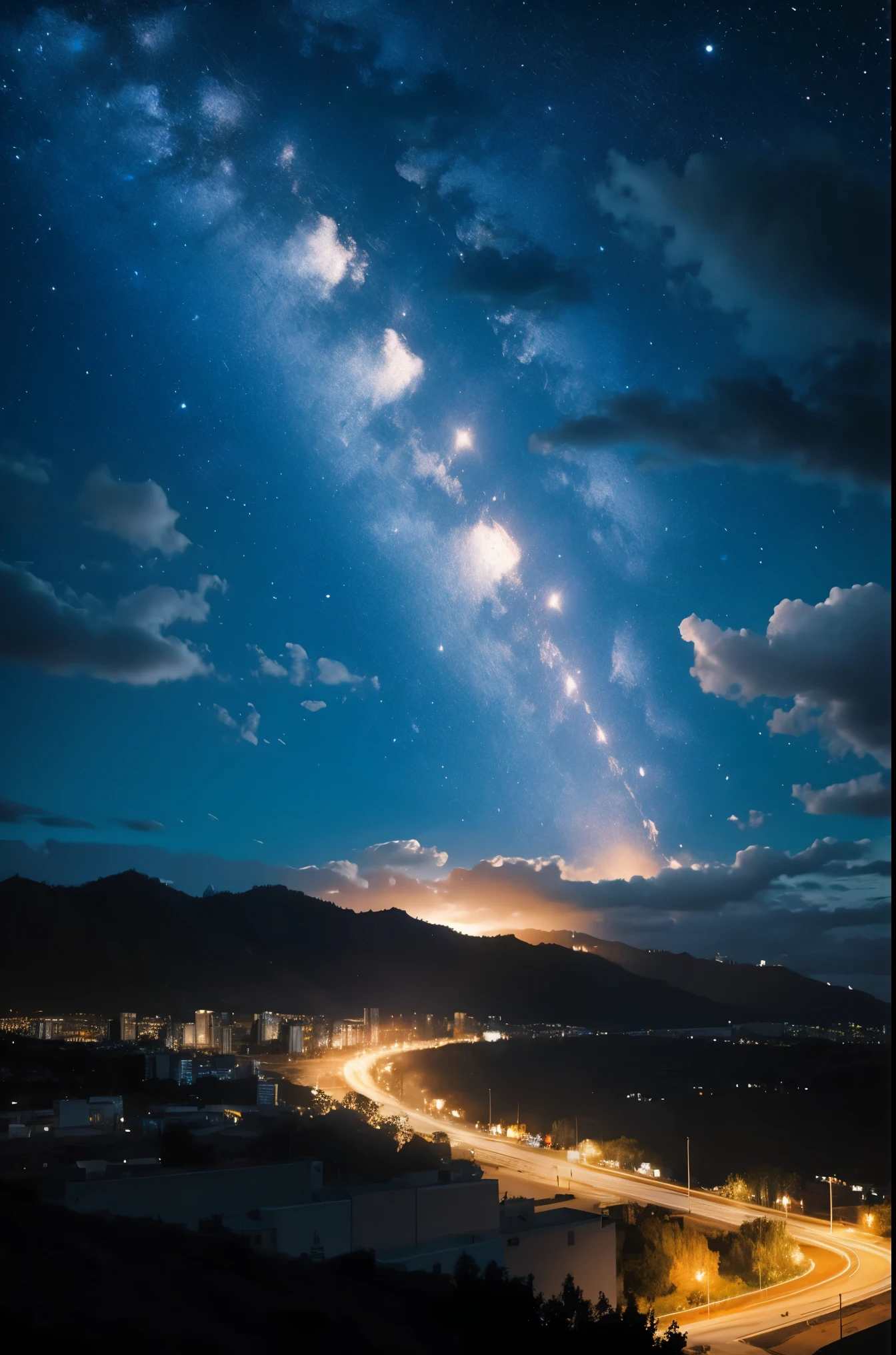 epic sky, al aire libre, cielo, nube, No_humanos, Noche, nubey_cielo, edificio, estrella_(cielo), Noche_cielo, escenario, estrellary_cielo, ciencia_fiction, ciudad, ciudadscape, ciudad_pieza de luz,Mejor calidad:1.5)