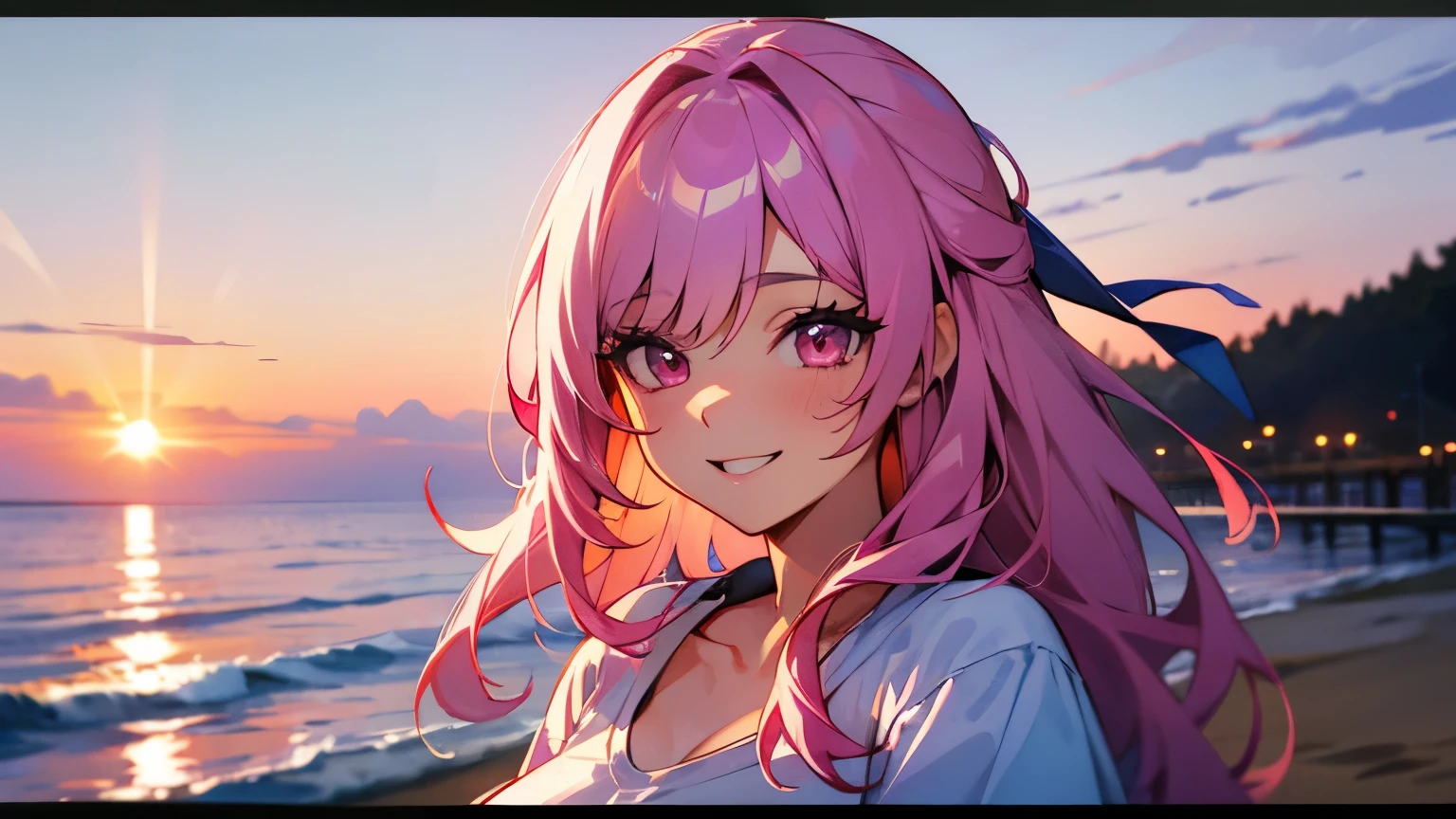 beach，seaside，Sunset，pink hair，pink eyes，Smile，white shirt，8K resolution