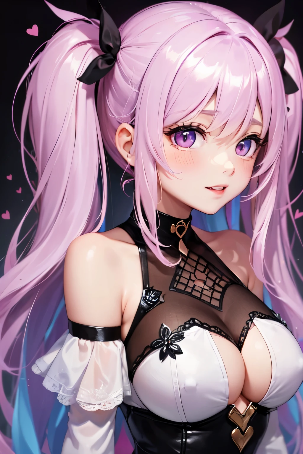 striped hair,pink twintail hair, Hello, mole under eye, mole under mouth, heart shaped eyes, long eyelashes, pink eyes, heart shaped choker、Full body Esbian、look at the audience、shy, blush, teeth, ear blush, nose blush,anime style, color field paint, ray tracing, bloom, one person'point of view, nffsw, award-winning, 16k, 最high quality, advanced details, high quality, table top, High resolution, Accurate, Super detailed