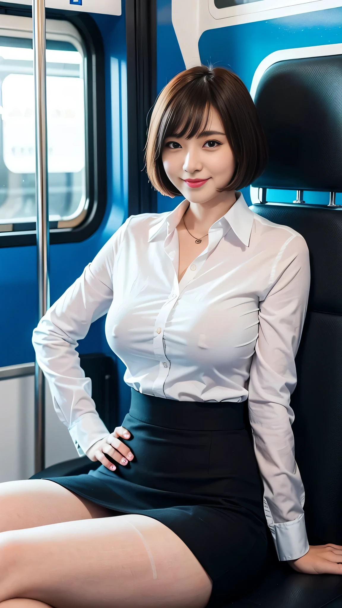 1 female, thighs, sitting on the train, office lady, realistic, Raw photo, white shirt, pencil skirt, pantyhose, pumps, short hair, bangs, looking at the viewer, highest quality, 8K、big breasts, (fold your arms),smile、A big smile、