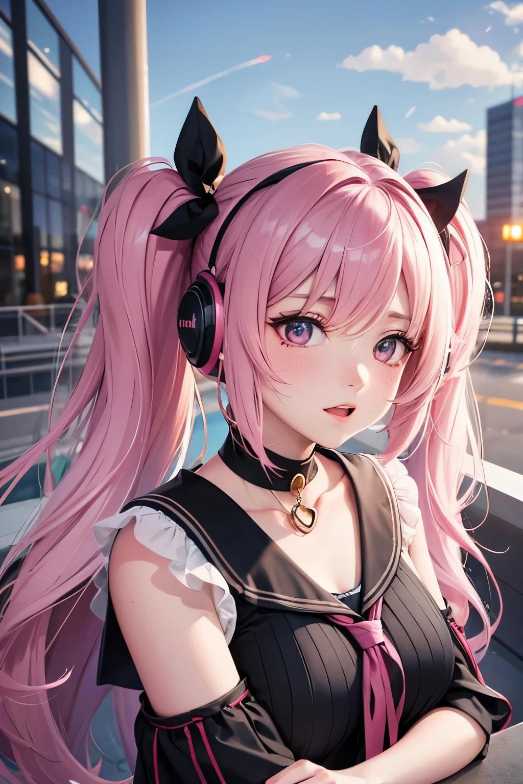striped hair,pink twintail hair, Hello, mole under eye, mole under mouth, heart shaped eyes, long eyelashes, pink eyes, heart shaped choker、Full body Esbian、look at the audience、shy, blush, teeth, ear blush, nose blush,anime style, color field paint, ray tracing, bloom, one person'perspective, nffsw, award-winning, 16k, 最high quality, advanced details, high quality, table top, High resolution, Accurate, Super detailed