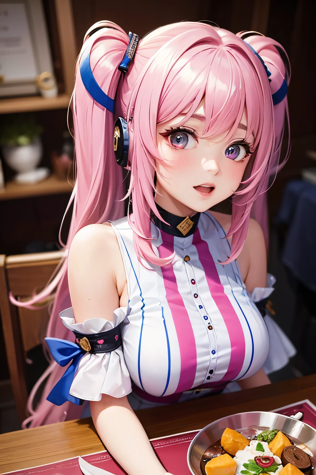 striped hair,pink twintail hair, Hello,  mole under eye, mole under mouth, heart shaped eyes, long eyelashes, pink eyes, heart shaped choker、Full body Esbian、look at the audience、shy, blush, teeth, ear blush, nose blush,anime style, color field paint, ray tracing, bloom, one person&#39;perspective, nffsw, award-winning, 16k, 最high quality, advanced details, high quality, table top, High resolution, Accurate, Super detailed