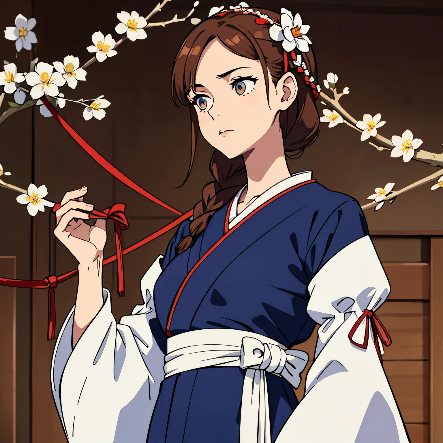 Slender, physically fit and young woman, soft, childlike and youthful apperance, fair skin, a round face, small facial features and wide, amber eyes, chestnut brunette hair, french braid, a blue short-sleeved traditional kimono dress with a red rope tied on her back and white flower designs on her baggy sleeves. She also wears a black obi with two white leaf designs and white tabi.